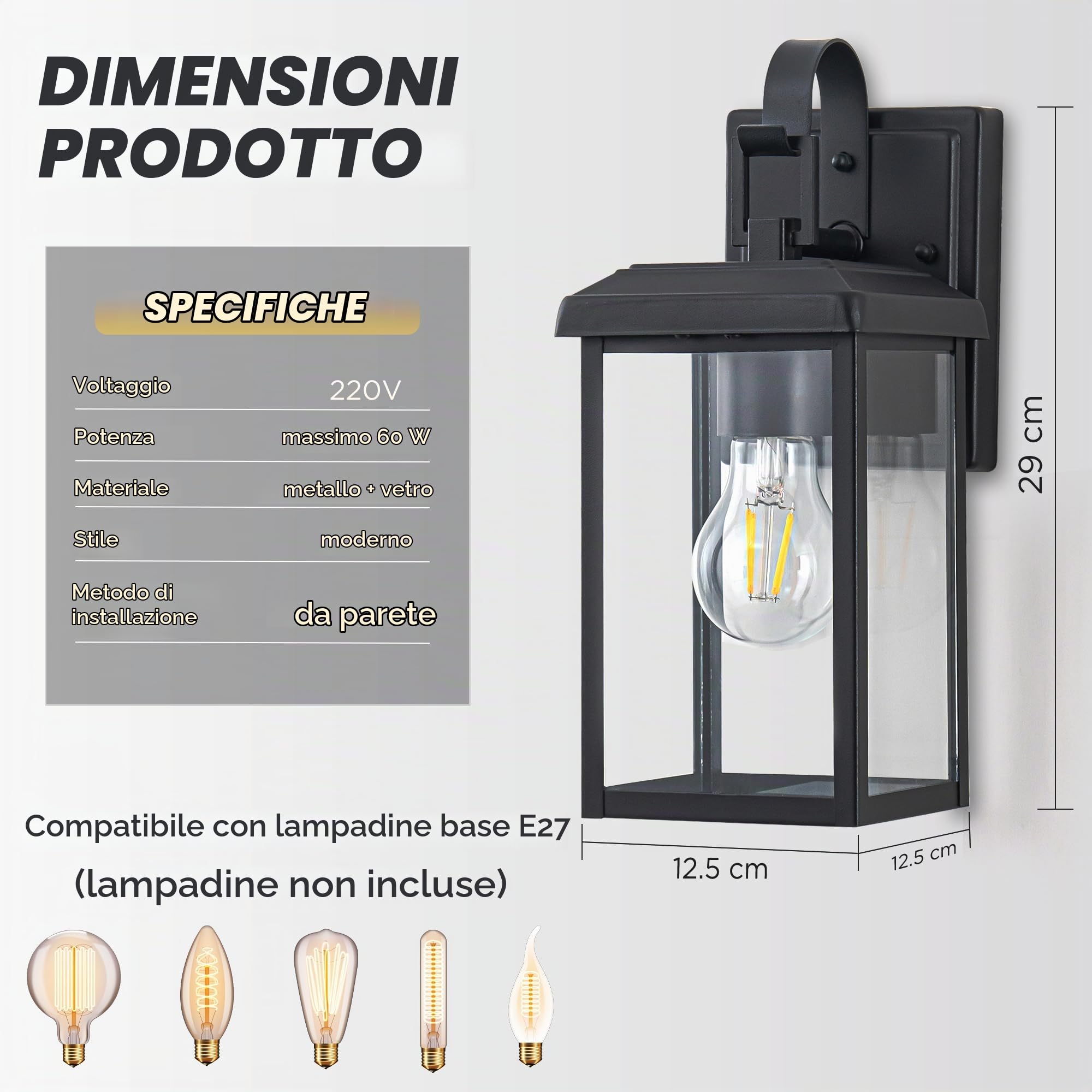 FTL Applique Lanterna da Esterno, Moderno Lampade da Esterno Parete, E27 Max 60W Luci da Parete in Vetro, Nero Lampada da Giardino, IP44 Impermeabile Luci Esterne a Parete per Giardino Porta Anteriore