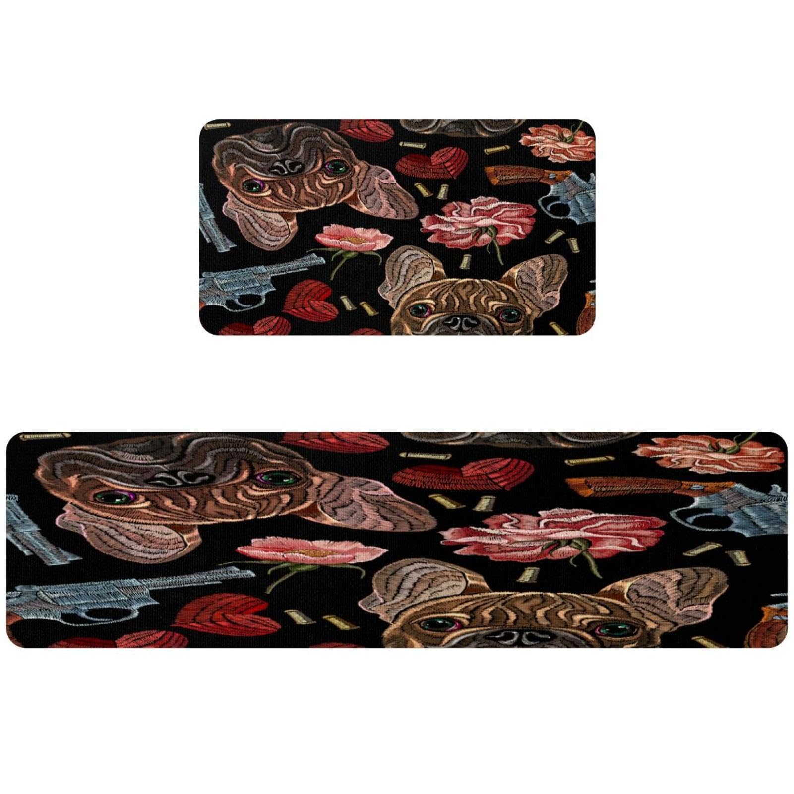 Tapis de cuisine brodé bouledogue lot de 2 tapis antidérapants pour sols propres