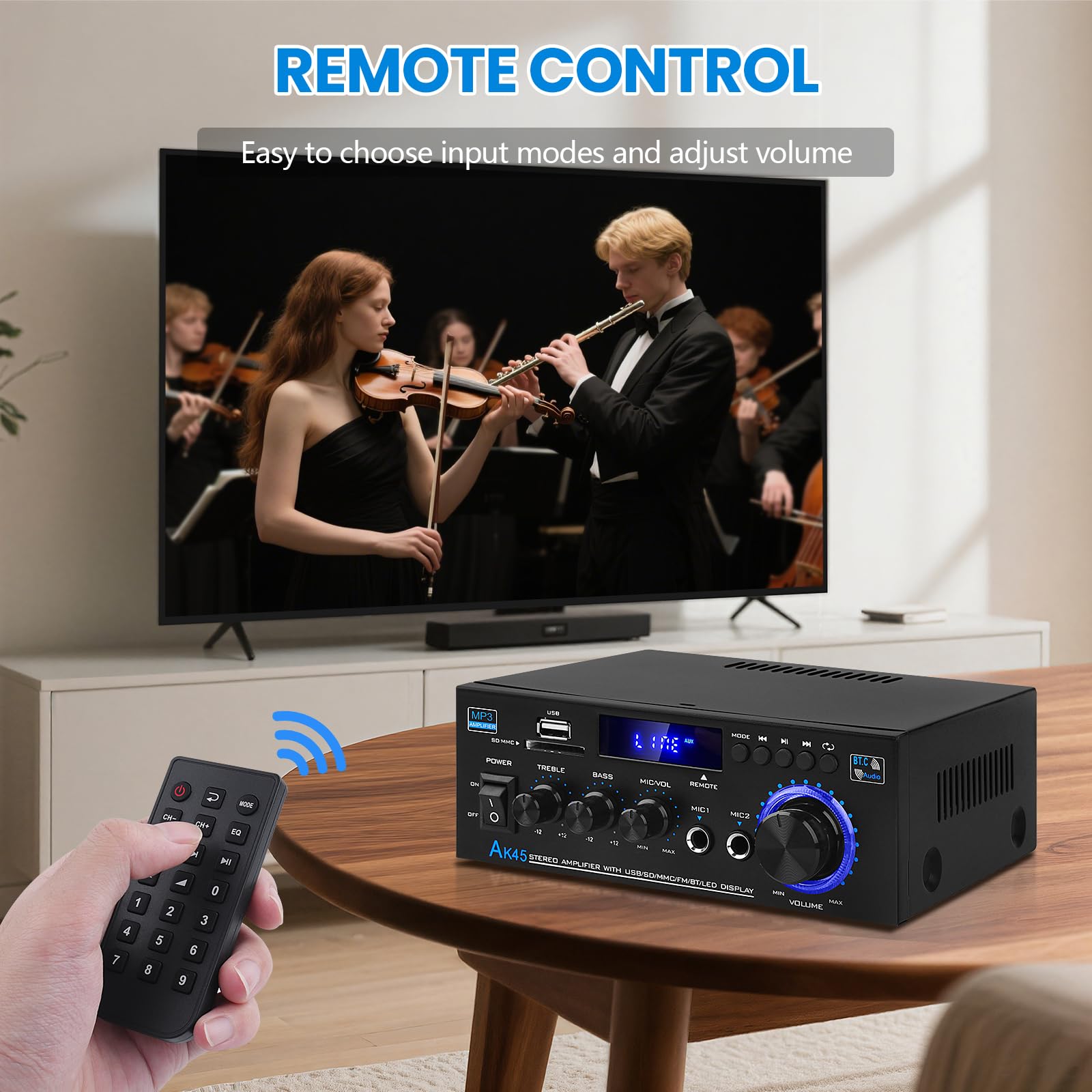 AK45 Bluetooth 5.0 Power Amplifier 2.0CH 40W x 2 Output Max 400W Subwoofer Hi-Fi Audio Amplifier Stereo Amp Receiver for Home Theater and Car Speaker W/Mic USB FM Radio — Amazon image 3