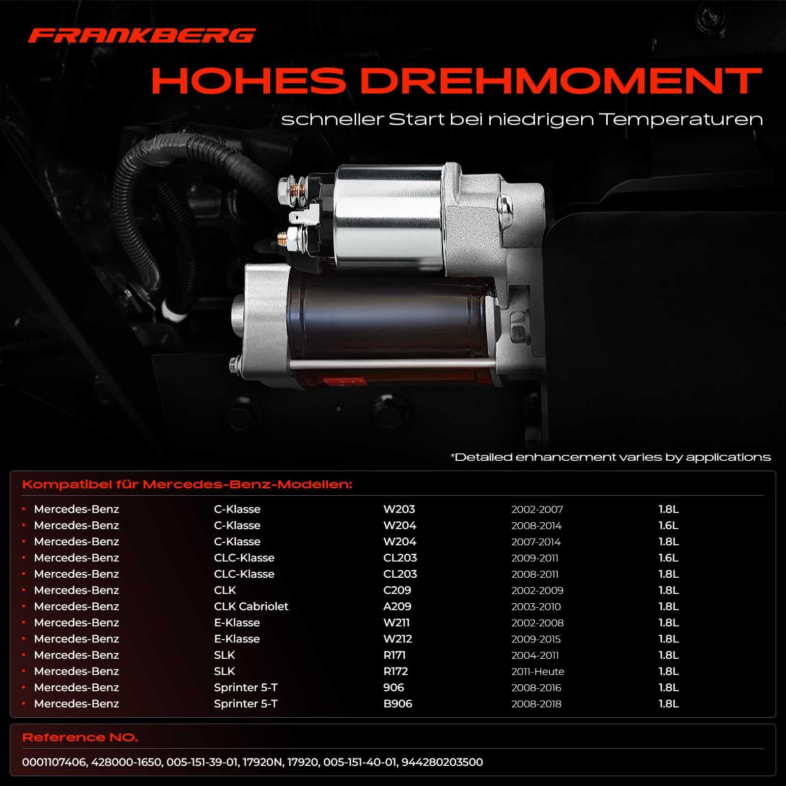 Frankberg Motor de arranque 1 1 kW 12 V 9 dientes 0001107406 | gasolina; Compatible con: Autobús Sprinter 3-T 906, Coupé Clase C C204, Clase CLC CL203, SLK R171, CLK Cabriolet A209