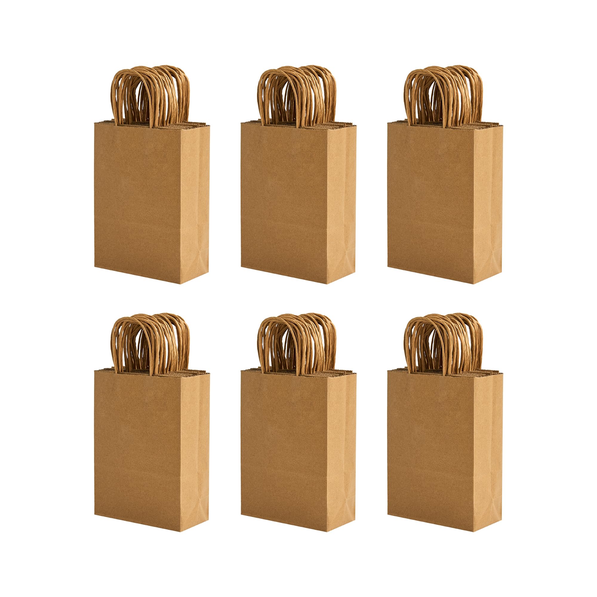 100 Pack 5.8x3.2x8.25 Inch Brown Kraft Paper Gift Bags with Handles - Bulk Small Plain Natural Bags for Birthday Party Favors, Grocery, Retail