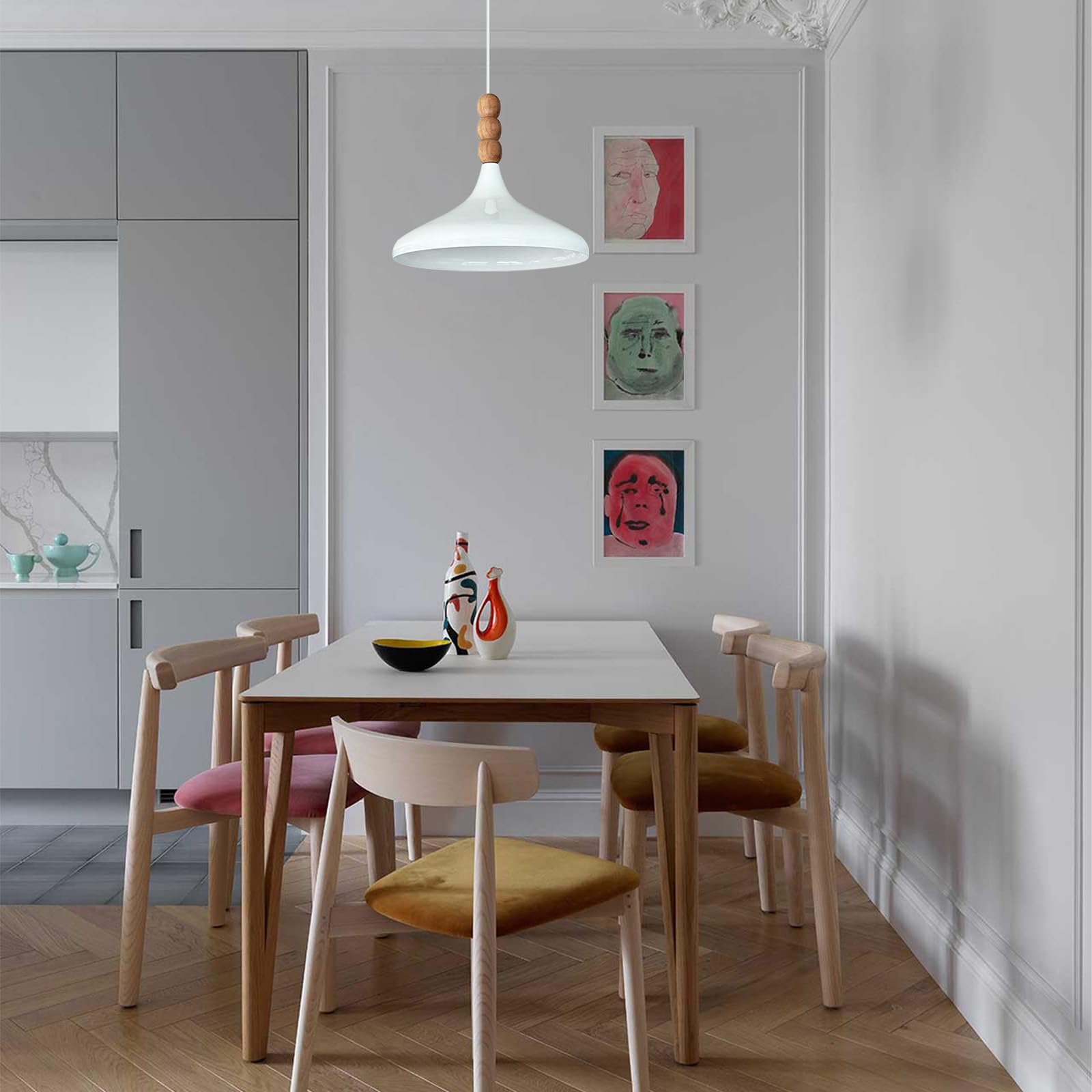 bamyum Champion Legna Lampadario Cucina 35 cm, Lampada a Sospensione da Soffitto Industriale,Lampadario a Sospensione con Paralumi da 35 cm e Lampada per Isola da Cucina in Metallo Bianco