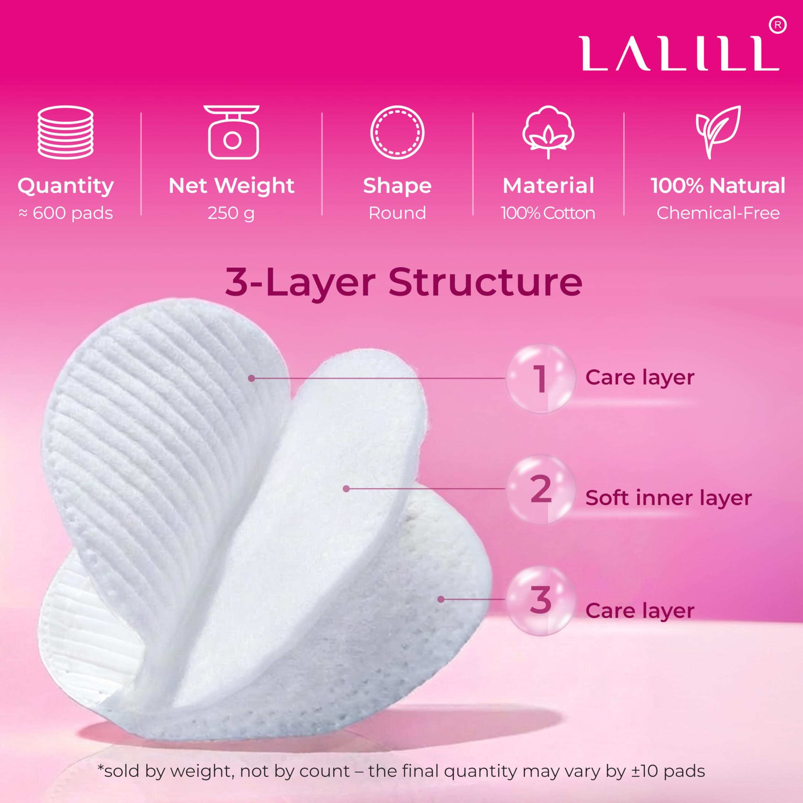 LALILL Discos Desmaquillantes de Algodón 600 uds – Almohadillas Faciales Suaves Sin Pelusa para Pieles Sensibles, Rostro y Ojos, Limpieza Facial, Uso Profesional - 100% Algodon