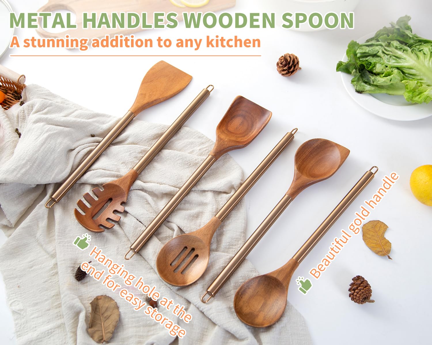 Utensilios de cocina de madera con mango de metal, juego de 6 utensilios de cocina, juego de espátulas de cucharas de madera, utensilios de cocina de 14 pulgadas de largo, espátulas de