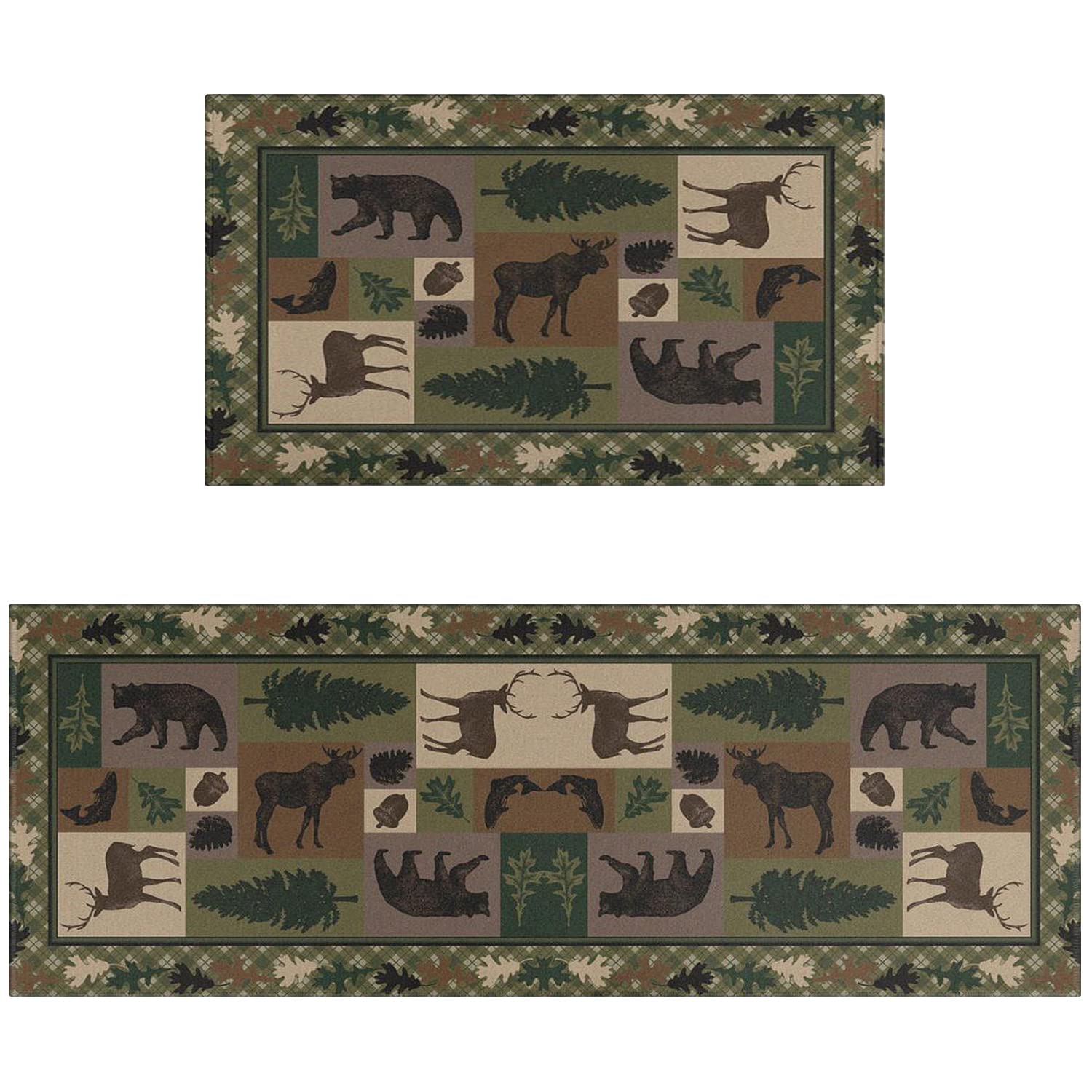 Faptoena Kitchen Rugs and Mats Sets of 2,Western Texas Wildlife Retreat Kitchen Decoration Non-Slip Absorbent Mats for Sink Waterproof Runner Rug for Laundry Room,17x30+17x48inch