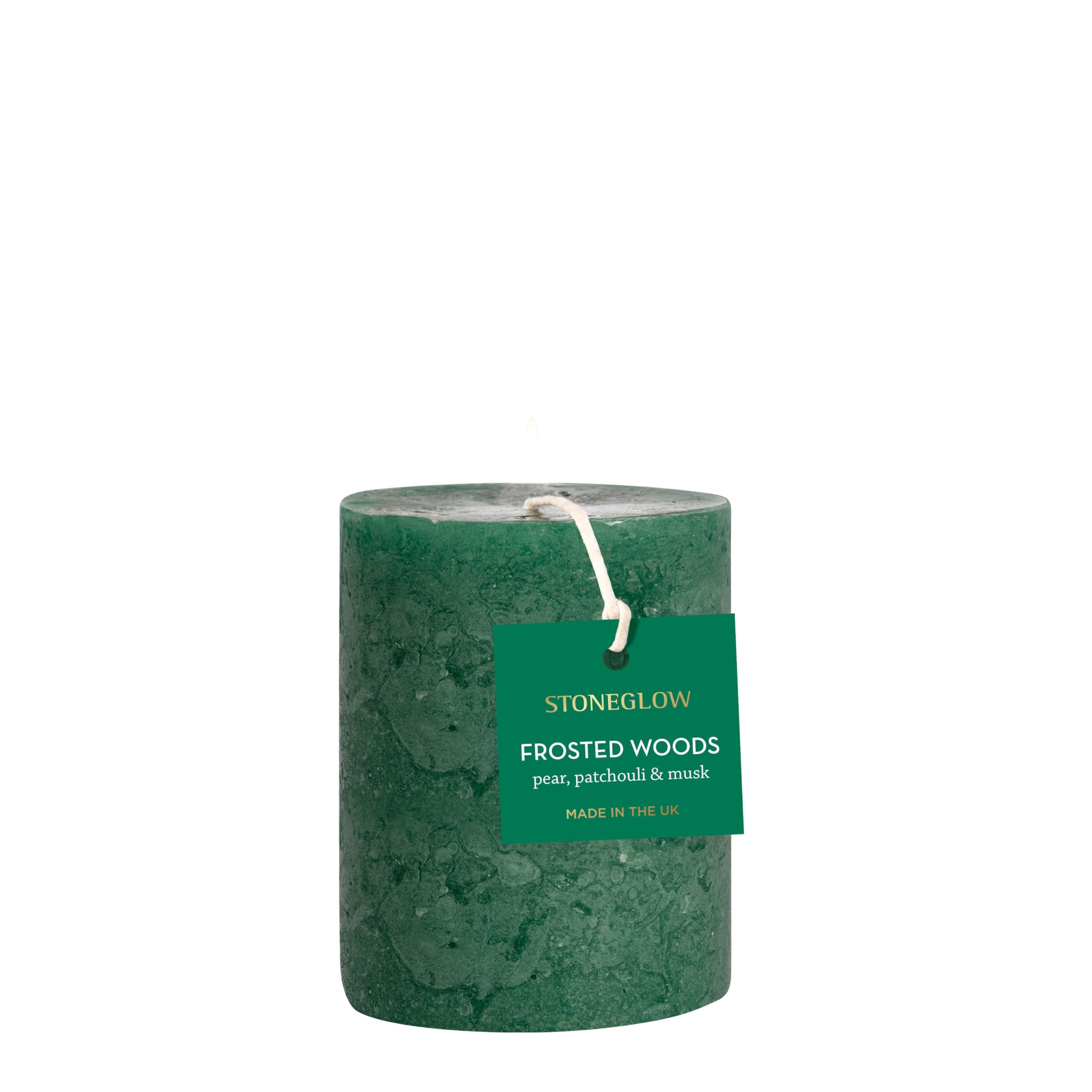 Stoneglow Green Seasonal Frosted Woods Pear, Patchouli & Musk Short Pillar Candle