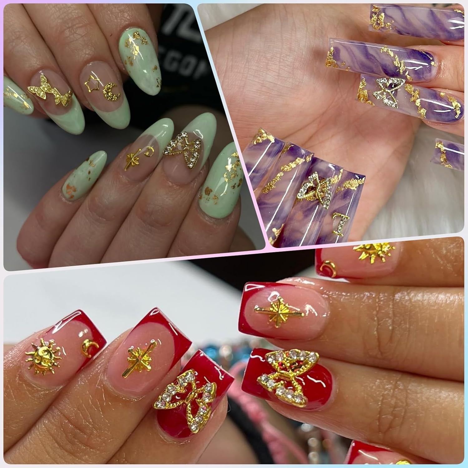 100Pcs Gold Nail Charms and Gems Charms for Nails Design Gold Charms for Nails Metal Bow Cherry Butterfly Cross Heart Star and Flowers - Image 5