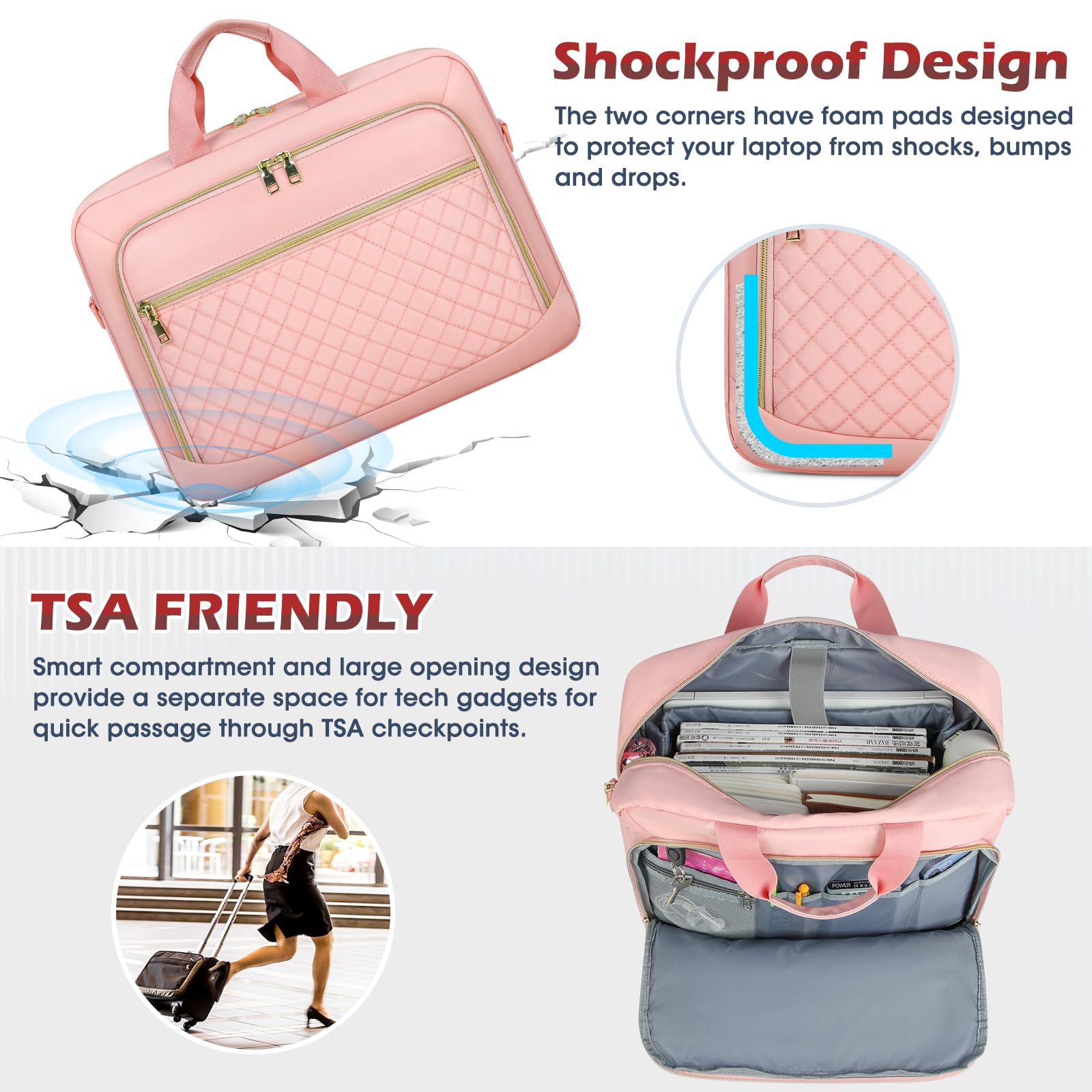 NEWHEY Borsa per computer portatile da 17,3 pollici valigetta per computer da donna grande borsa per computer | Borsa a tracolla impermeabile con tasche multiple e tracolla imbottita, per ufficio, lavoro, università, rosa