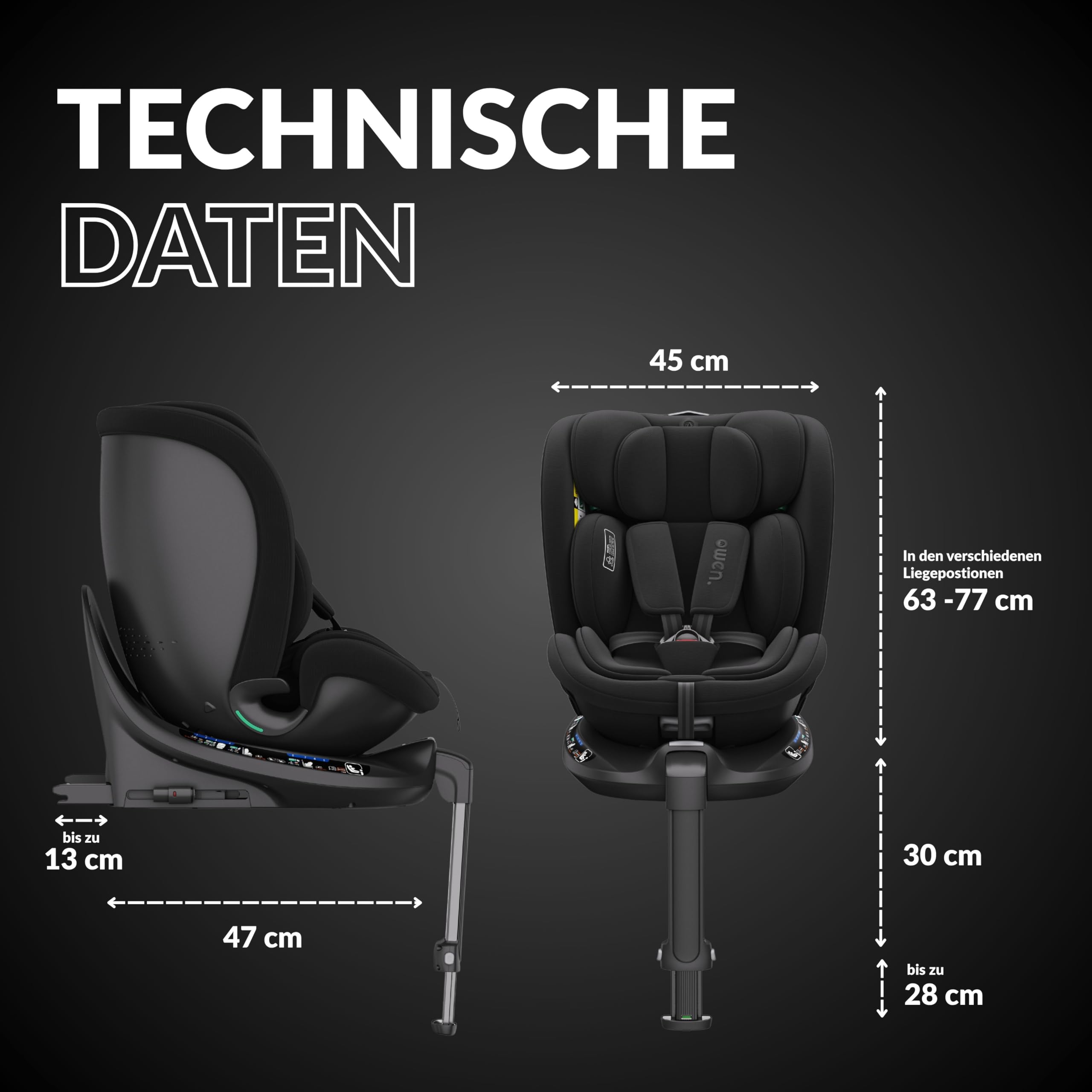 OWEN 360Comfy Kindersitz 360° drehbar Isofix Reboarder 0-36 kg – Schwarz | ECE R129 i-Size geprüft (40-150 cm, 0-12 J.) – Seitenaufprallschutz, Sonnenverdeck, 360° drehbar & rückwärtsgerichtet