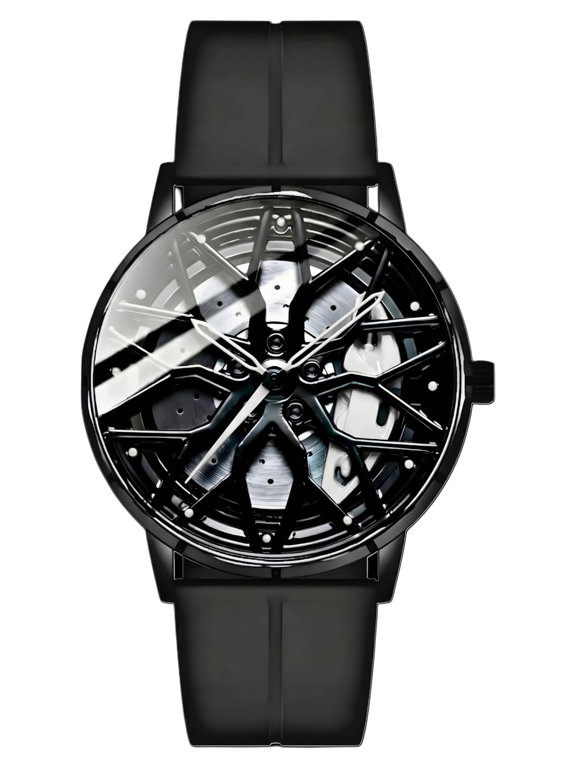 Oculus Men's 3D Car Wheel Rotating Watch, White black Brake caliper