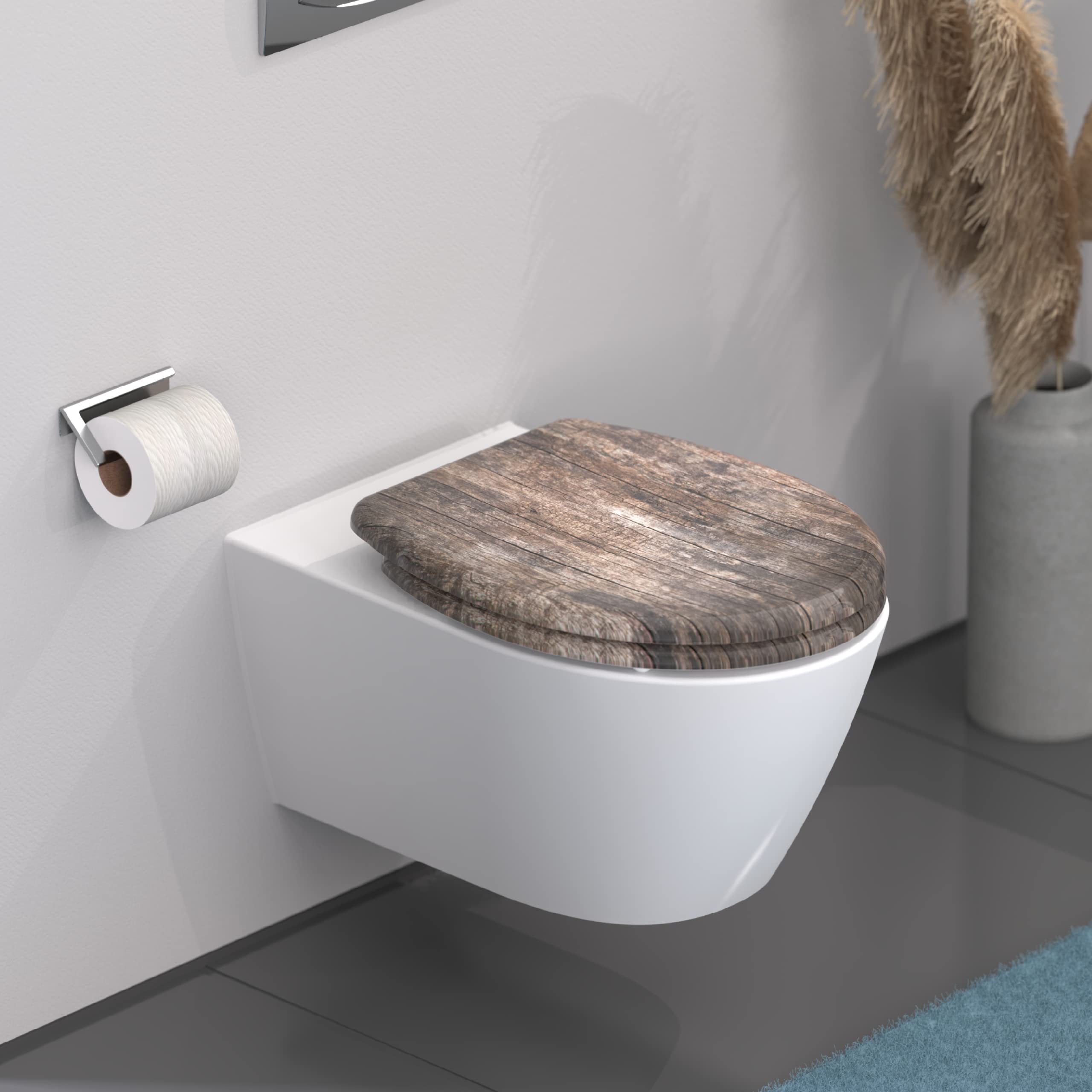 Schütte Abattant WC Frein de Chute Déclipsable STONES, Bois Ancien | Duroplast résistant, cuvette toilette avec frein de chute clipsable, forme en O, suspendu ou sur pieds, 150 kg max