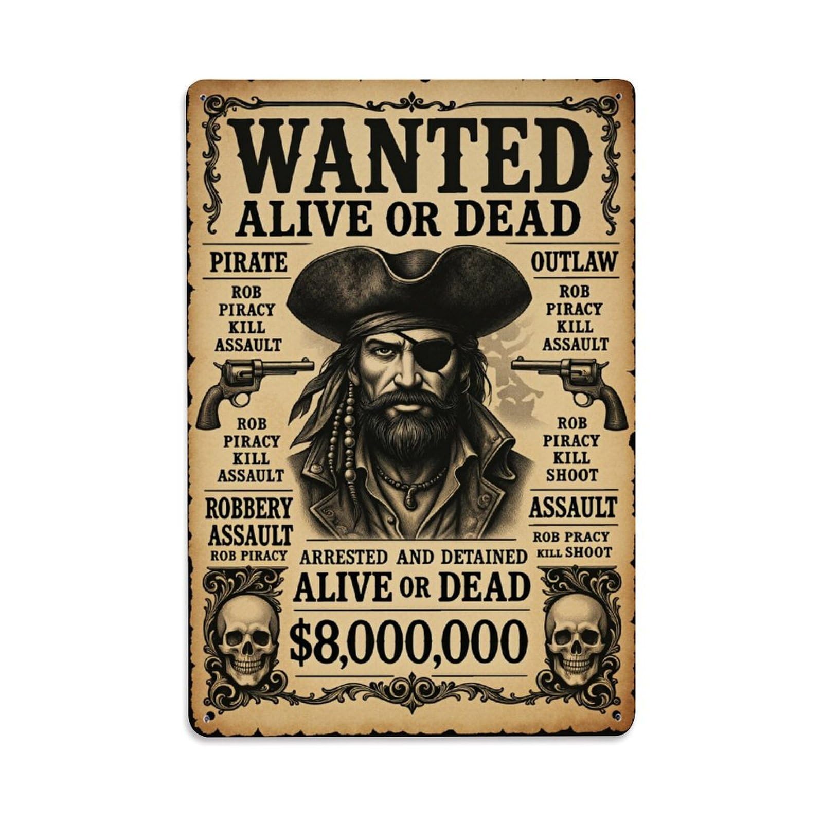 Enderetf Vintage Wanted Pirate Outlaw Bounty Skull Tin Sign Metal Poster, Home Bar Garage Man Cave Cafe Indoor & Outdoor Wall Decoration 8X12inches