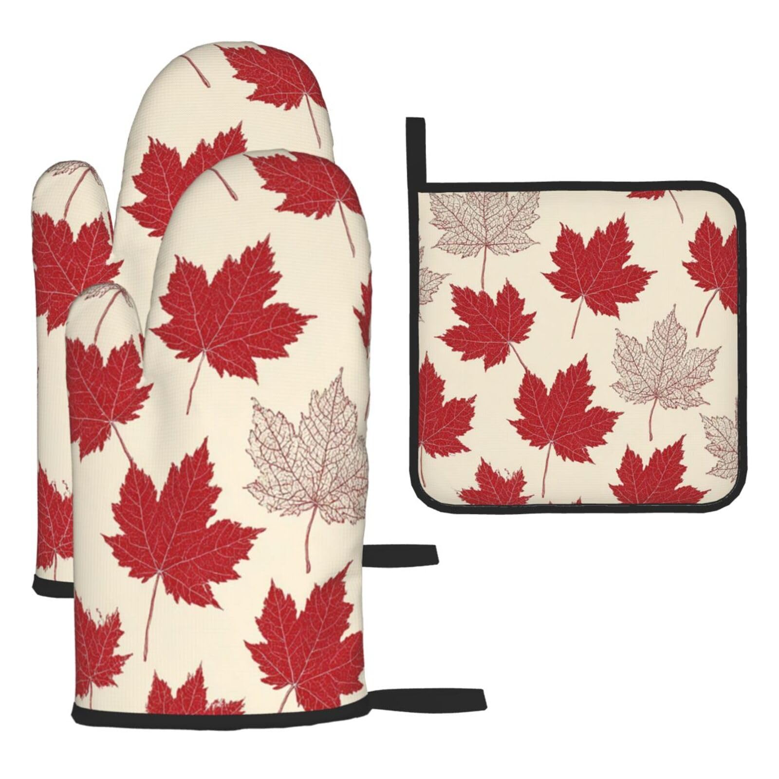 Oven Mitts and Pot Holders Sets of 3 Kitchen Oven Glove Hot Pad Canada maple leaf Ovens Mitts Heat Resistant Potholders Potholders Washable Long Ovens Mitt for Cooking Grilling Baking