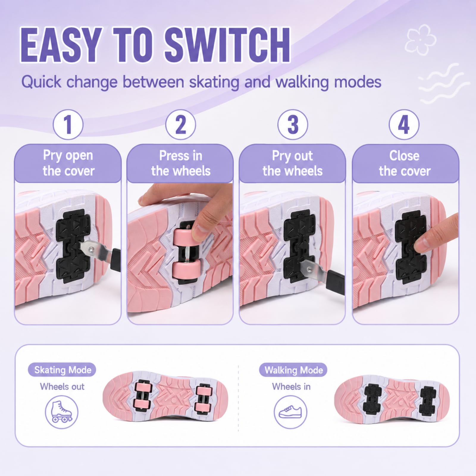 JJDFW Chaussures de patinage à roulettes 2 en 1 en maille respirante à LED pour fille avec 4 roues amovibles et broderie florale
