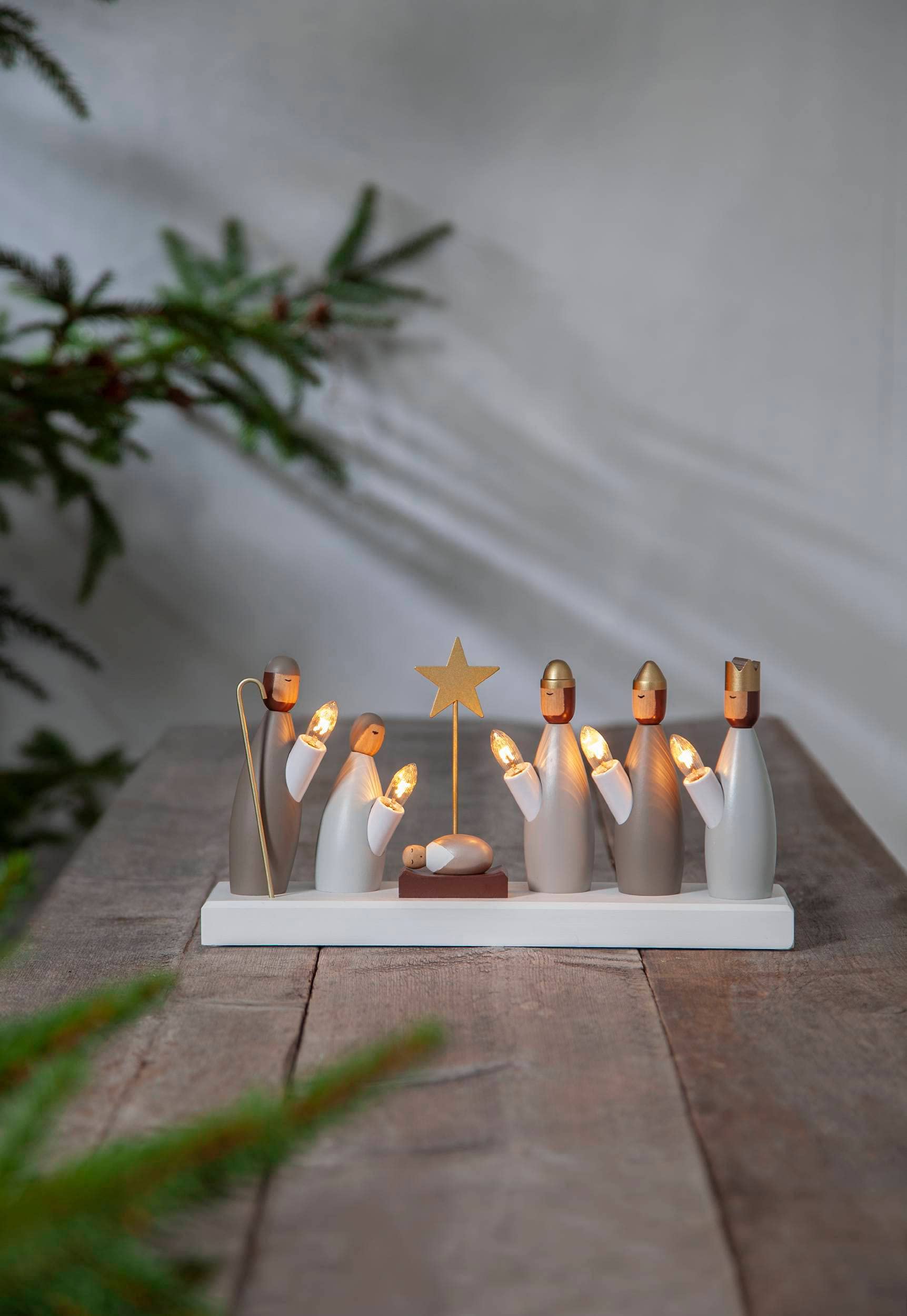EGLO Lanterne de Noël avec 5 ampoules, chandelier de fenêtre avec | personnages de crèche en bois éclairés, arche de Noël avec câble, E10, blanc chaud