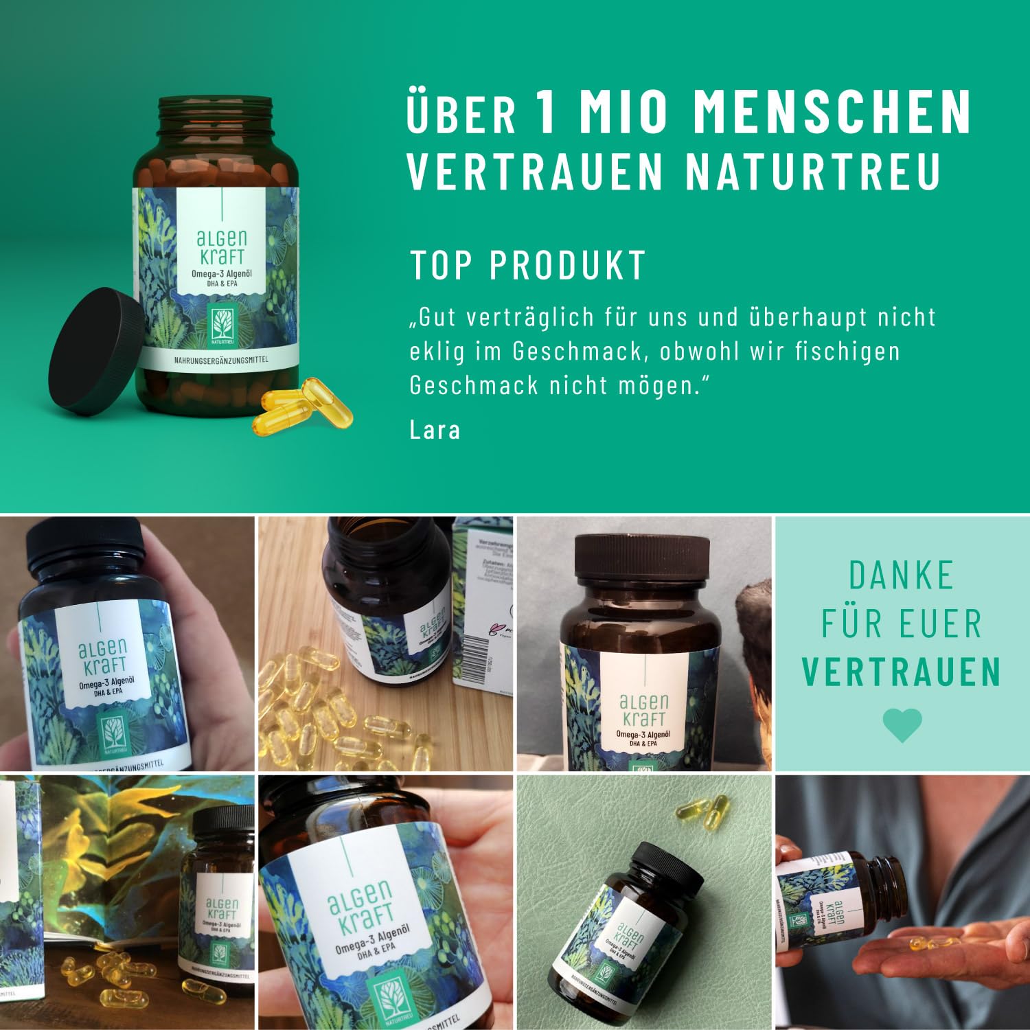 NATURTREU® Omega 3 Vegan aus Algenöl – 1000mg Omega 3 Algenöl aus nachhaltigen Kulturen - Mikroalgenöl hochdosiert DHA & EPA im optimalen Verhältnis - Omega 3 Kapseln - Laborgeprüft