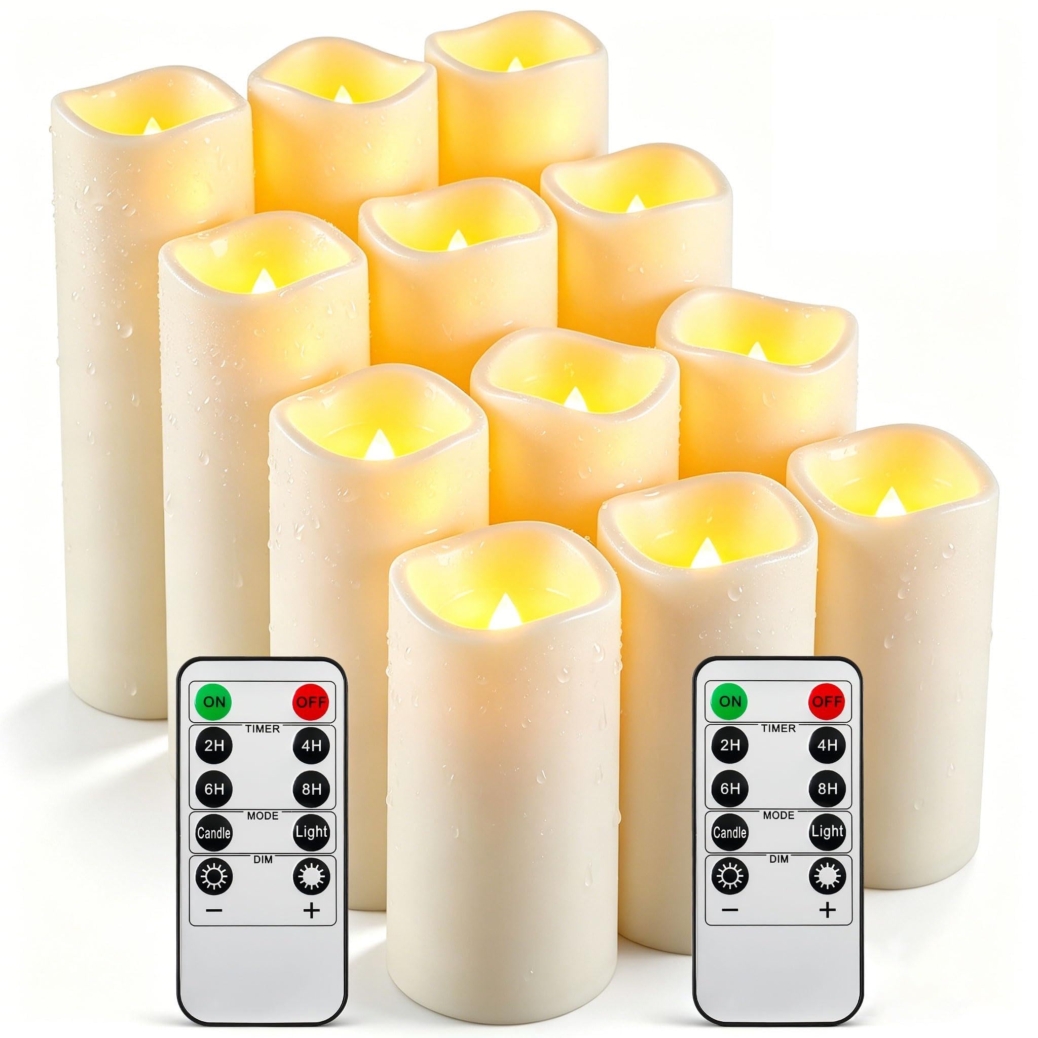 12 Velas LED Marfil Impermeables, Mecha Parpadeante Realista, 2 Mandos a Distancia, 4 Tamaños Surtidos D.5,5cm, Plástico Resistente Calor y Lluvia, Reutilizables para Decoración Exterior e Interior