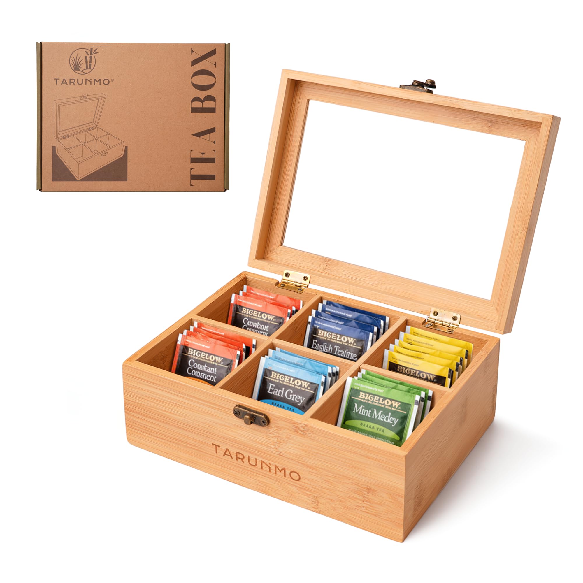 TARUNMO 22x16x9cm Natural Bamboo Tea Organizer with Clear Acrylic Window 6 Compartments Storage Box