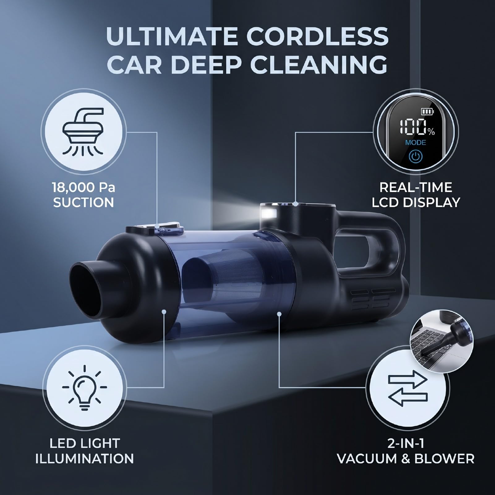 Aspiradora de Mano Inalámbrica para Coche, Aspiradora Mano Portátil con Luz LED y Pantalla LCD, Mini Aire Coche, Motor sin Escobillas para el Hogar, Pelo Mascotas (Gray)