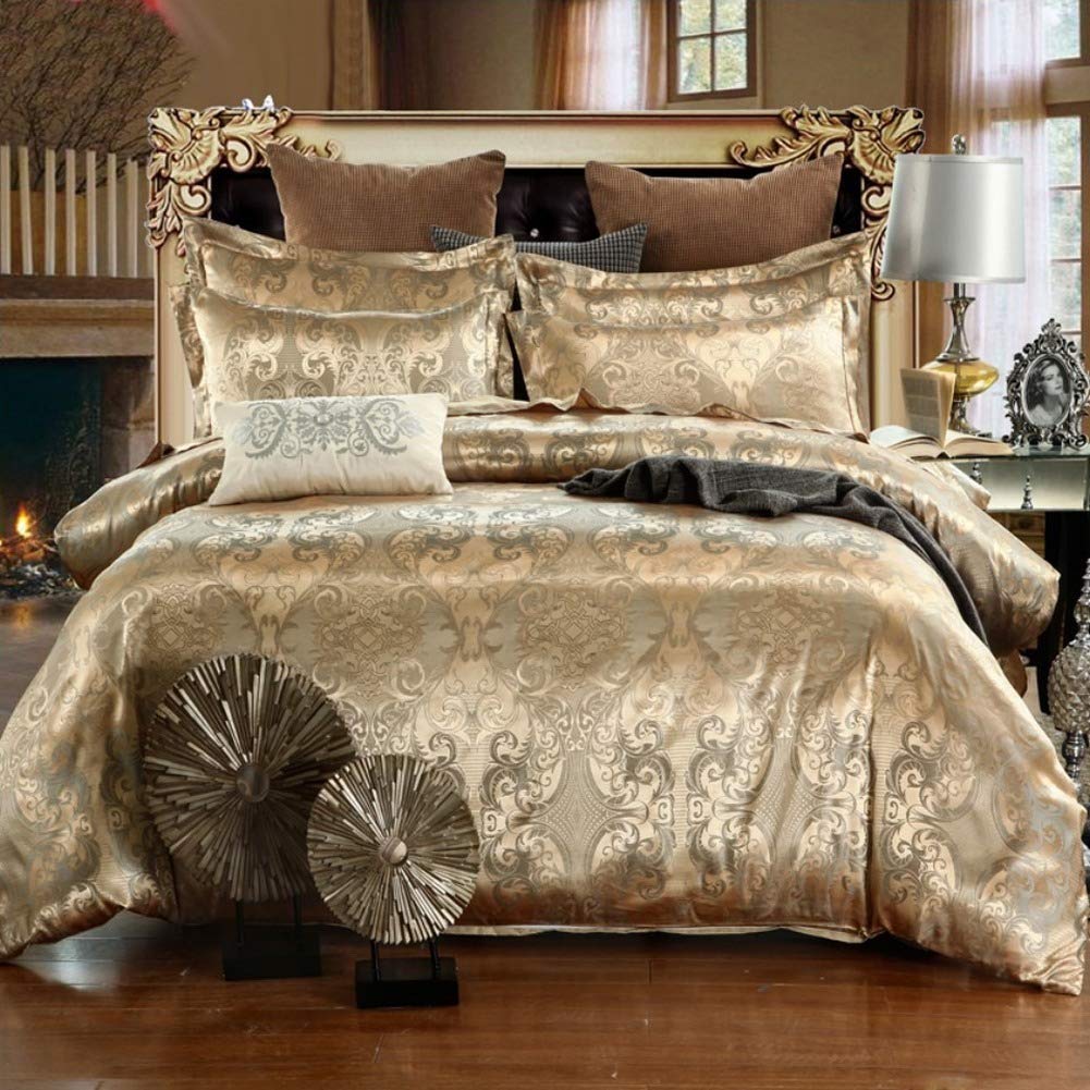 Housse de Couette Sets de Luxe en Soie/Coton Jacquard 3 pièces Literie avec Taie Linge de Lit Feuille Simple Double Queen King Size Housses édredons Linge de lit,d'or,220 * 240cm