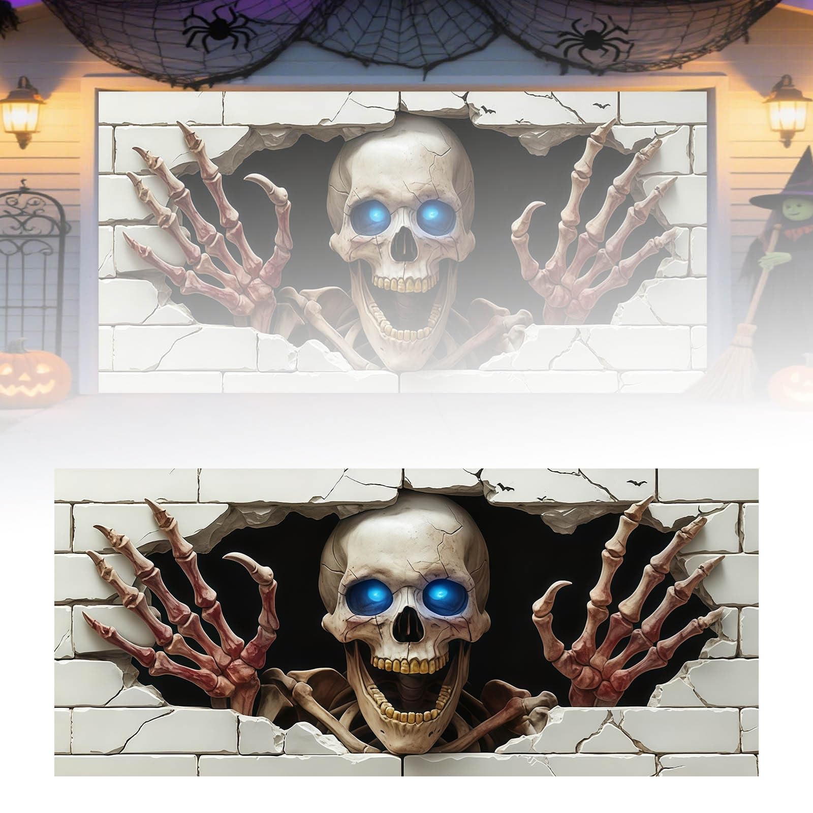 Cartel de bienvenida para puerta de garaje de Halloween con decoración de fondo extraño que crea un tema festivo aterrador que garantiza un efecto de exhibición llamativo.