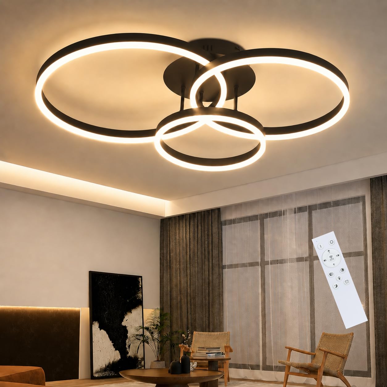 ZMH Lampada da Soffitto a LED Plafoniera Camera - Dimmerabile con | Telecomando Nero Lampada Design con 3 Anelli Metallo 74W Moderna Illuminazione Interni per Soggiorno Cucina Ufficio e Studio