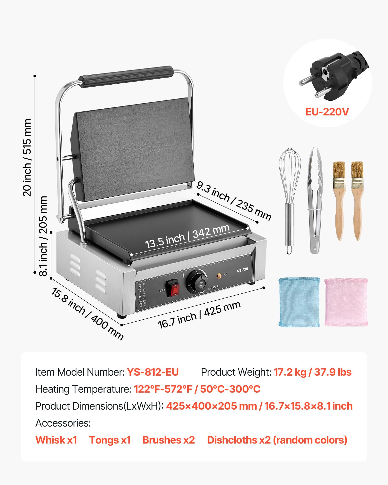 VEVOR Gril Panini Électrique 2200 W, Machine à Panini avec Plaque Émaillée Plate de 34,2x23,5 cm, Appareil à Sandwich en Inox, avec Poignée et Contrôle de la Température, pour Hamburger, Steak