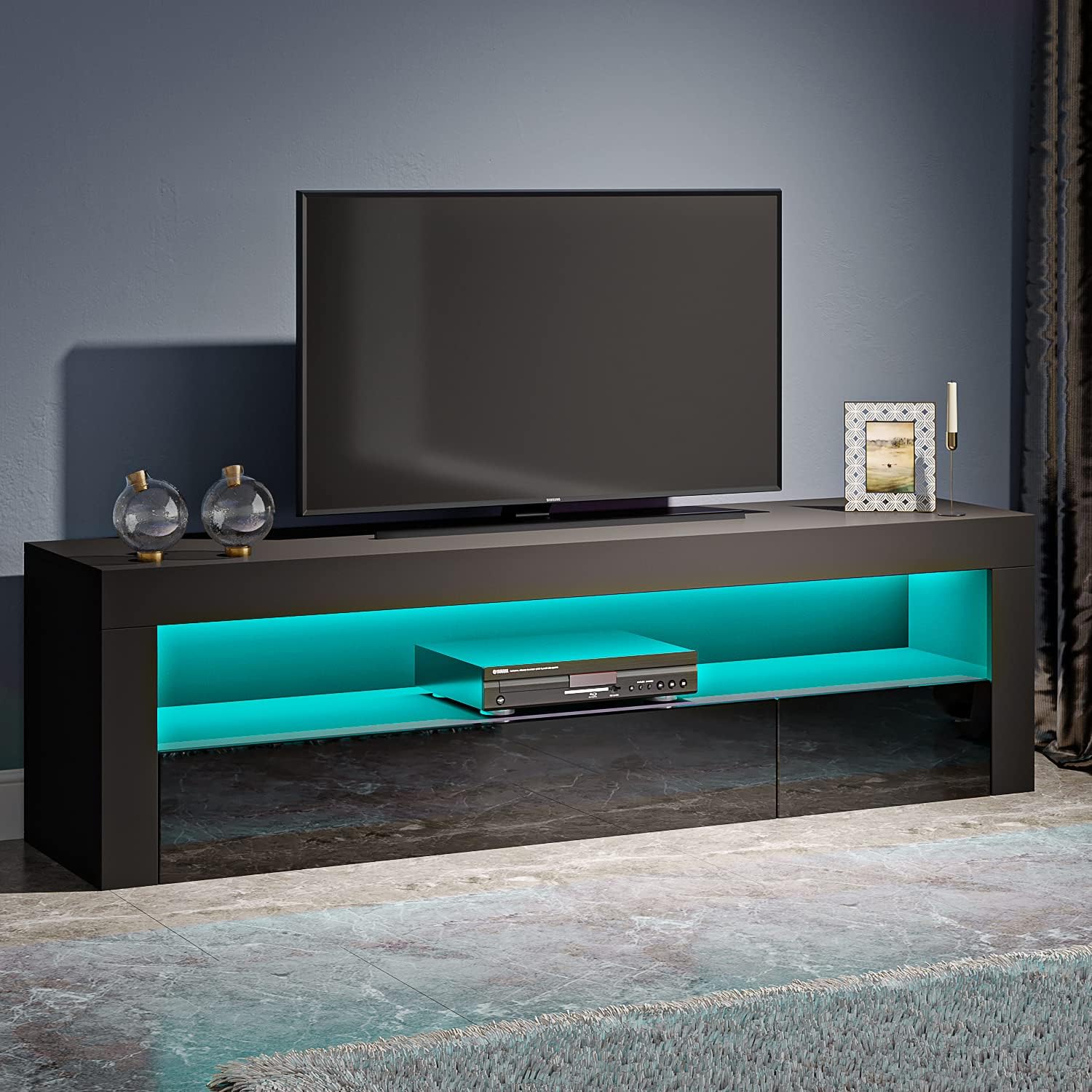 Panana Modern TV Unit Stand Cabinet with 2 Drawer Open Shelf Sideboard 120cm Media Storage with RGB LED Lights up to 55" TVs Screen (Black)