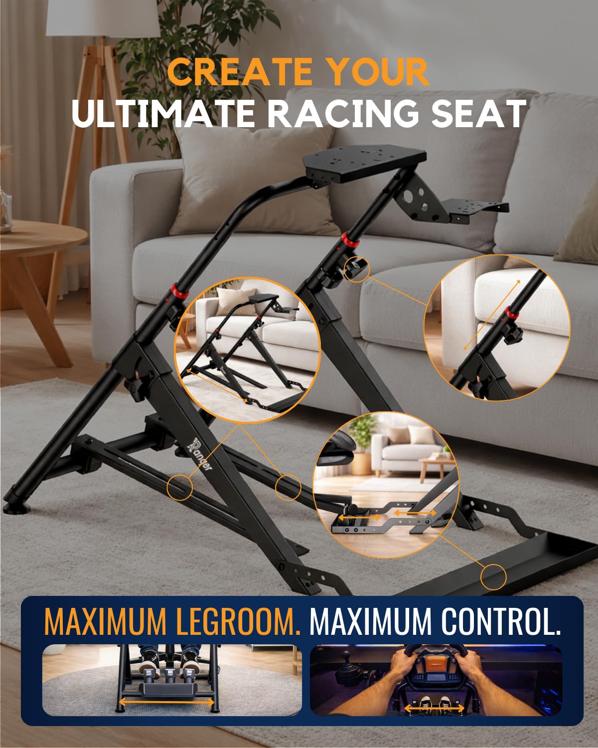Ranqer Racing Wheel Stand Pro – składany stalowy stojak do kierownicy z regulacją wysokości i kąta, zintegrowanym mocowaniem fotela, kompatybilny z Logitech, Thrustmaster, Fanatec i Simagic – czarny