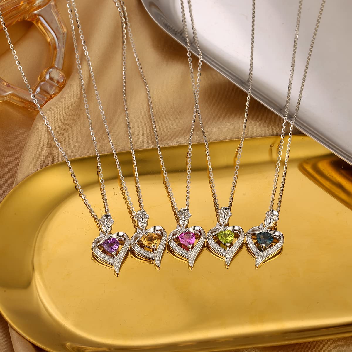 FANCIME Rose Herz Anhänger Halskette für Damen mit künstlicher Geburtsstein | 925 Sterling Silber Kette mit Herz imitiertem Geburtsstein Schmuck Valentinstag Jahrestag Geburtstag Geschenke für Frau