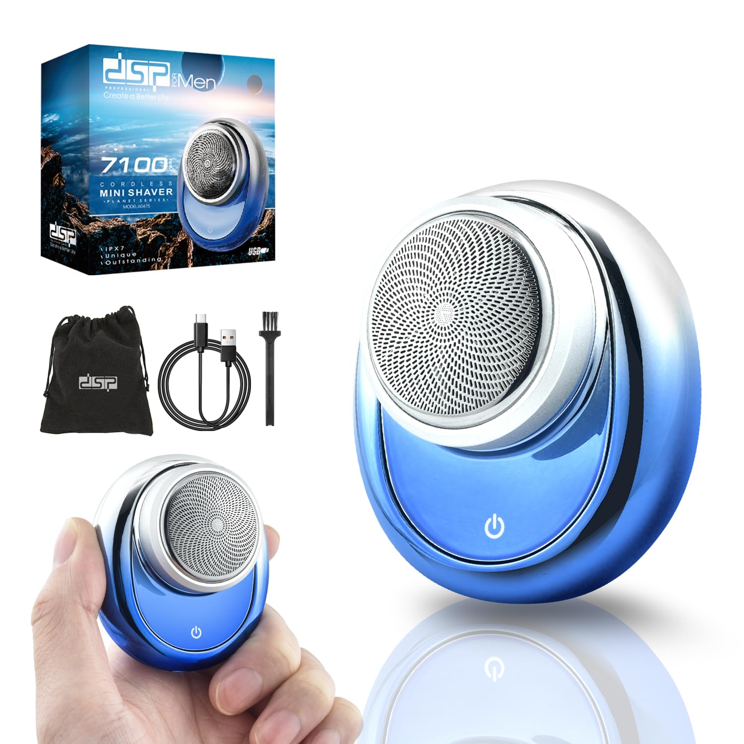 DSPCompact Men's Electric Razor - Mini Portable Shaver for Travel, Waterproof IPX7, USB-C Fast Charging, Overcharge Protection, 7100 RPM Powerful Pocket-Sized Shaving Machine (Blue)