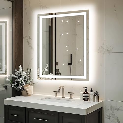 Espejo de baño LED de 32 x 24 pulgadas con luces, regulable, luces dobles, retroiluminado + luz frontal, espejo LED de 3 colores para baño, espejo
