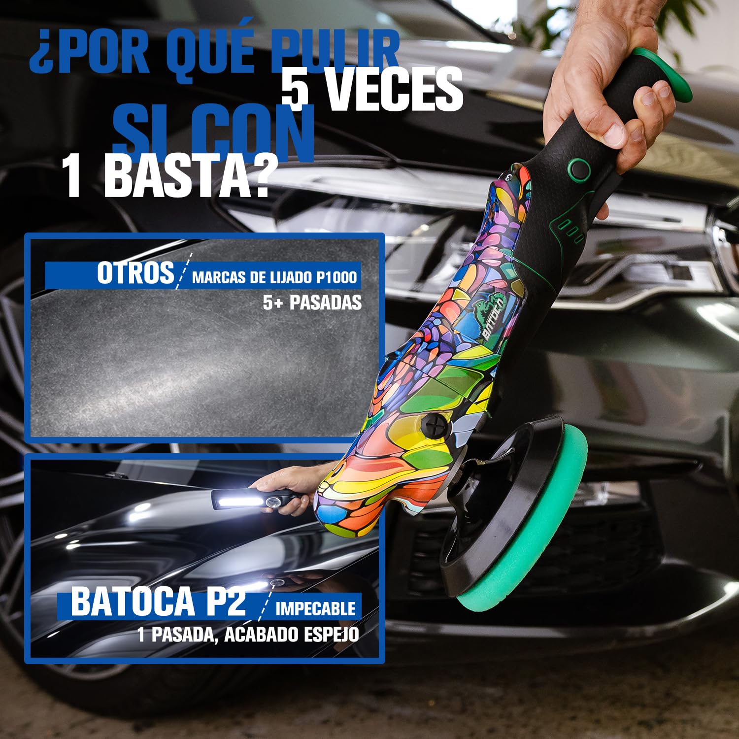 BATOCA P2 Pulidora de Coche 1000W Alto Par - Rotativa 150mm Profesional para Corrección de Pintura - Antivibración, Cable Extraíble 8m, 6 Velocidades 1000-3800 rpm - Barco, Caravana, SUV