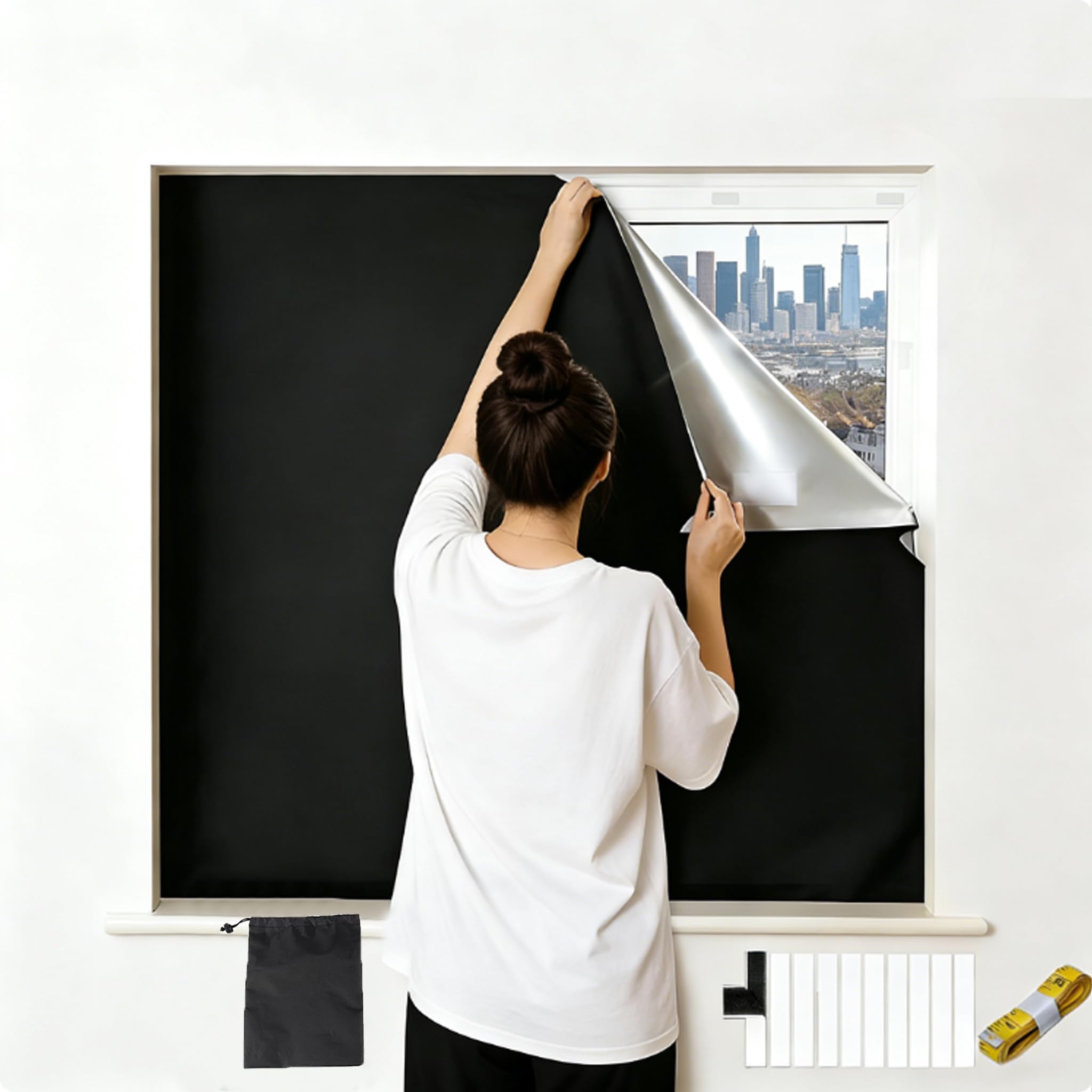 ZCYLPT 100% Blackout Blind,145X300CM Blackout Blinds Stick On,Temporary Blackout Curtain for Window,Cut to Any Size,No Drill Blinds Blackout with Self Adhesive Tapes for Bedroom,Nursery,Loft,RV Car