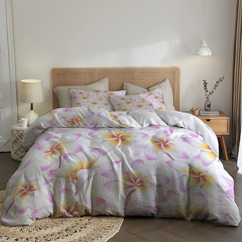 NIBAINLO 布団カバートロピカルな紫とオレンジの白いプルメリアの花 肌に優しい ピーチスキン加工 掛け布団カバー 和式 洋式 あったか 布団カバーセット リバーシブル ホームステイ ホテル 家庭兼用
