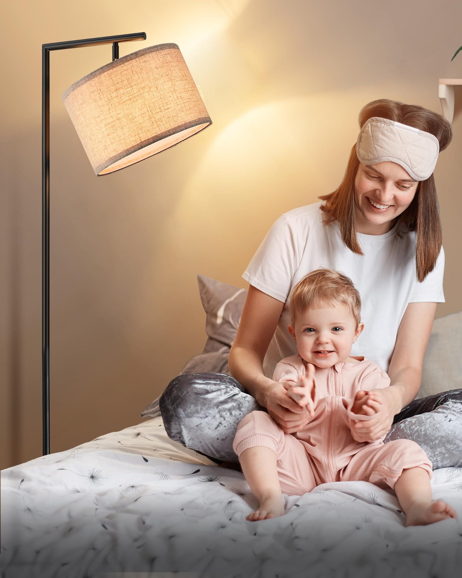 EDISHINE Stehlampe Wohnzimmer 160cm, Bogenlampe Modern mit Beigen Verstellem Leinen-Lampenschirm, LED E27 Glühbirne inklusive, Schwarz Leselampe Stehleuchte für Schlafzimmer, Kinderzimmer
