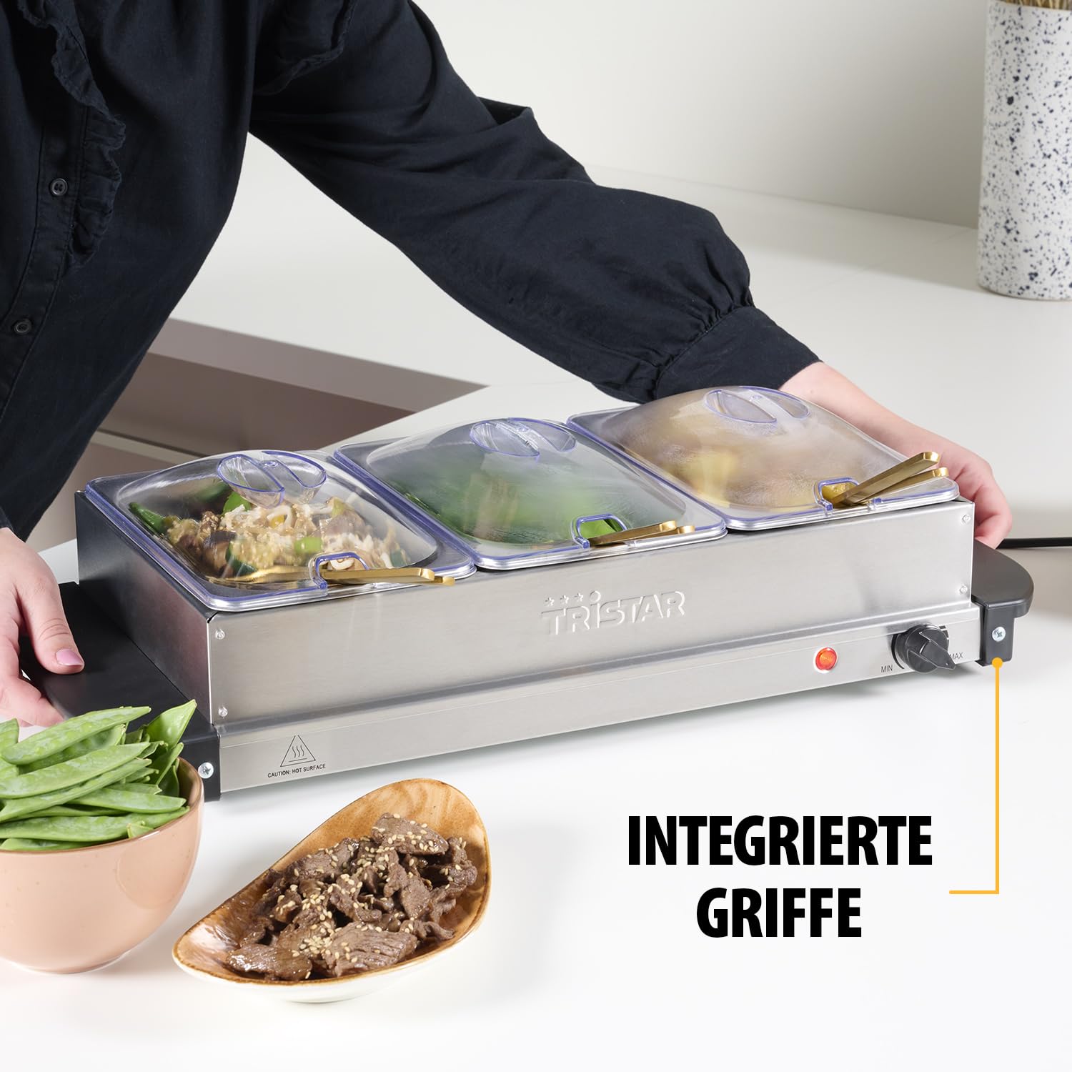 Tristar Edelstahl Buffetwärmer für Partys & Buffets, 4,2 L, Einstellbares Thermostat, 3 Warmhaltebehälter, Heizplattenfunktion, 200 W, Silber, BP-6283