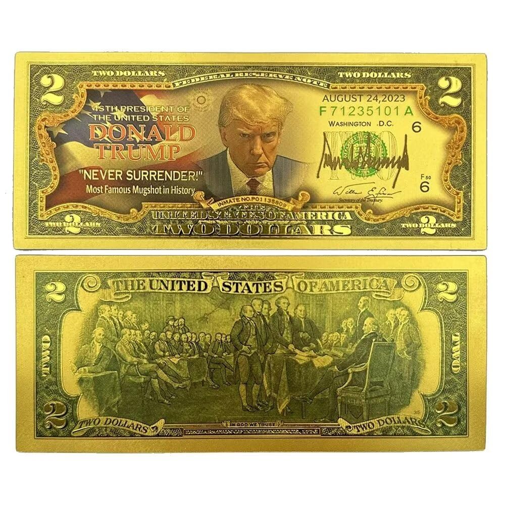Amazon.com: 5 件唐納德·特朗普金2 美元鈔票,Never Surrender 彩色Mugshot 鈔票未流通硬幣: 藝術古董收藏