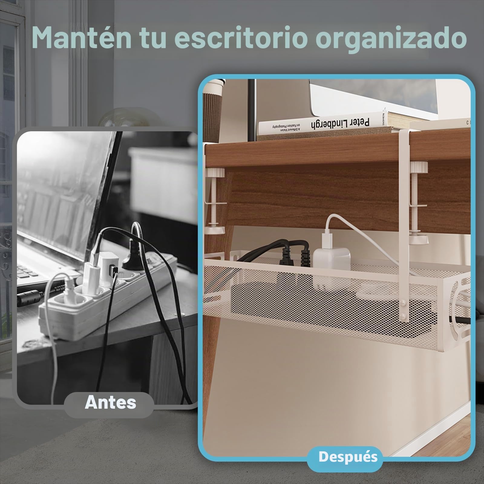 Bandeja de gestión de Cables para Debajo del Escritorio, Organizador de Cables sin Taladro, Bandeja de Cables Ajustable y retráctil, fácil de Instalar, solución de Cables para el hogar u -1 Paquete