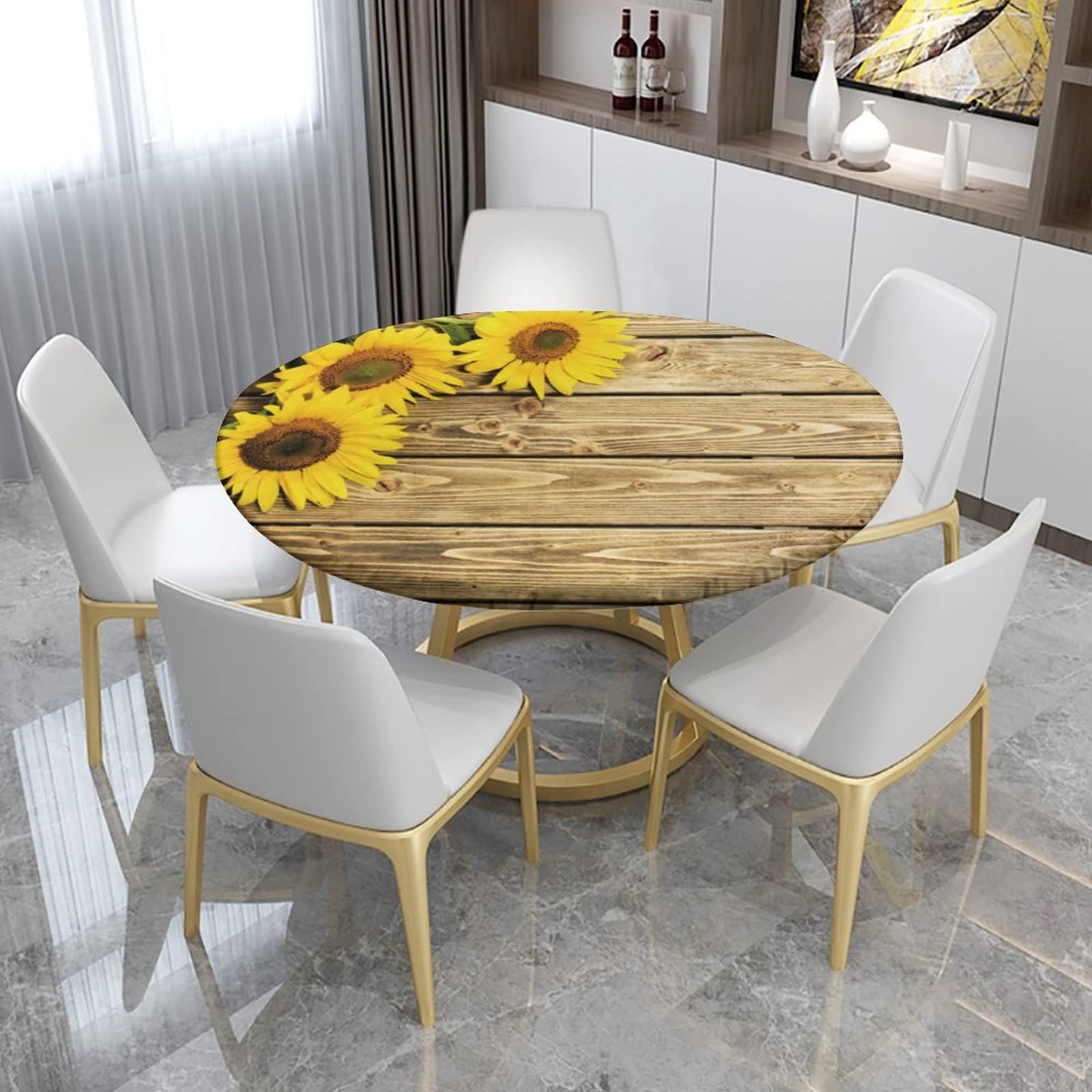 igoga sports Sunflower Fitted Tablecloth Round with Elastic, Wood Grain Spring Edge Table Cover Pad for Outdoor Picnic Party or Indoor Kitchen Patio Dining Table Decor Fits Tables Up to 40'' Diameter