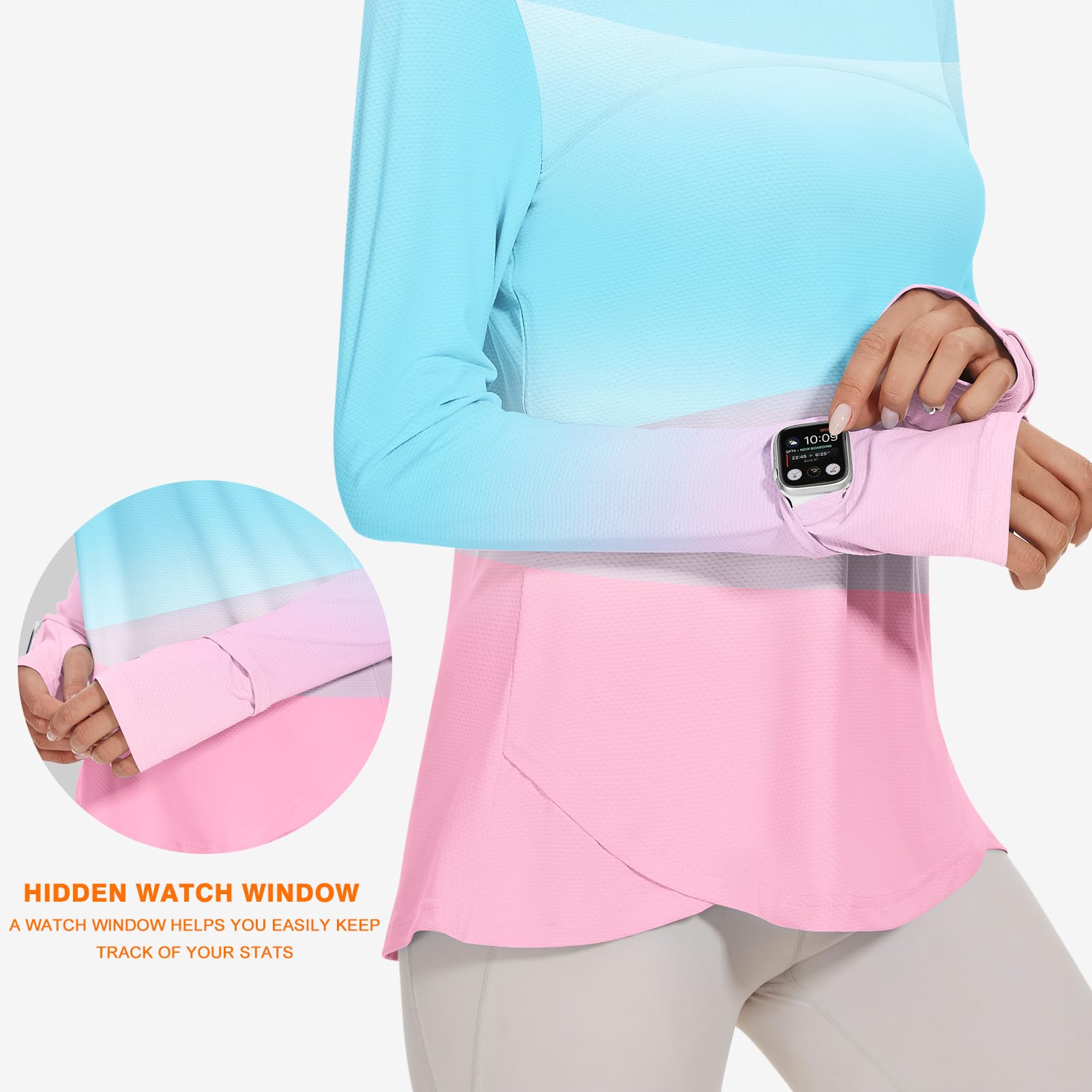 Blingfit Camisetas de entrenamiento para mujer, de manga larga, para correr, senderismo, atletismo, gimnasio, ligeras, UPF 50+, protección solar