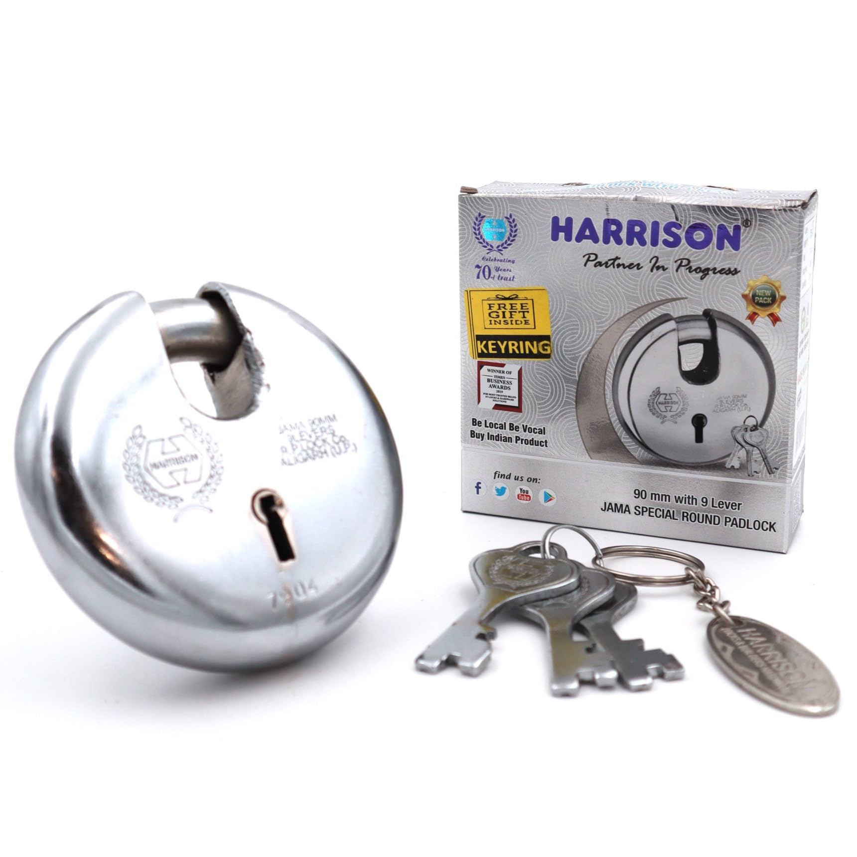 Harrison Padlocks/Round Padlock 90mm 8 Lever with 3 Keys JAMA-0022 Pack of 1/ Padlock, Padlocks, Locks for Home, Locks for Main Door, gate — Amazon image 4