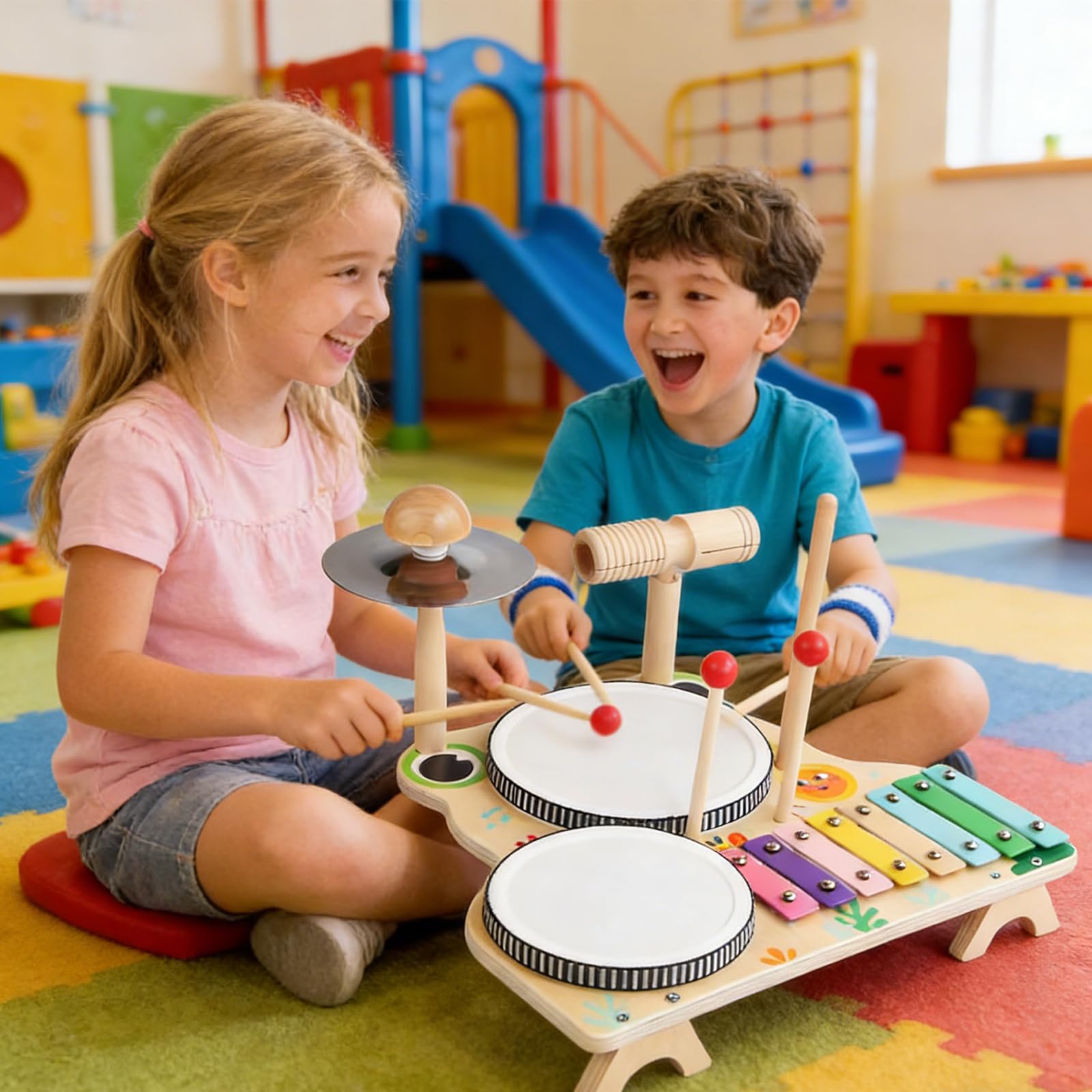 Colección de Tambores educativos para niños con 4 Instrumentos para desarrollar Habilidades Musicales Muñecos de coordinación Mano-Ojo para niños pequeños