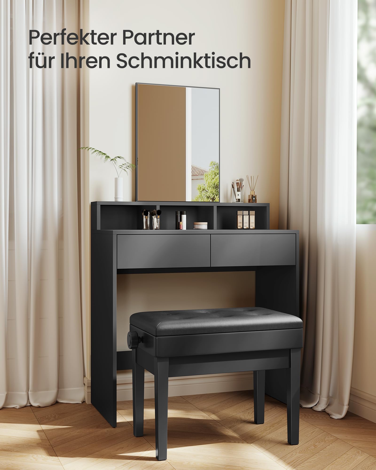 SONGMICS Klavierhocker höhenverstellbar, mit verstecktem Stauraum, Klavierbank, Hocker gepolstert, Sitzhocker, Sitzbank, 56,2 x 34 x (47-55) cm, schwarz LPB57H