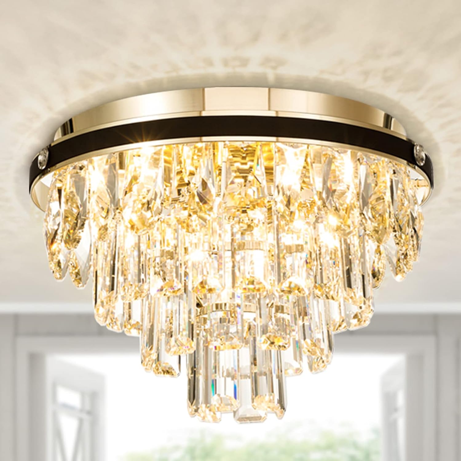 Crystal Chandeliers Flush Mount Ceiling Light Fixture,4 Lights Chandelier with Crystals,Light Fixtures Ceiling Mount, Hallway Light Bedroom Chandelier for Dining Room Kitchen,H9.84'' x W13.78'' 4-Lights