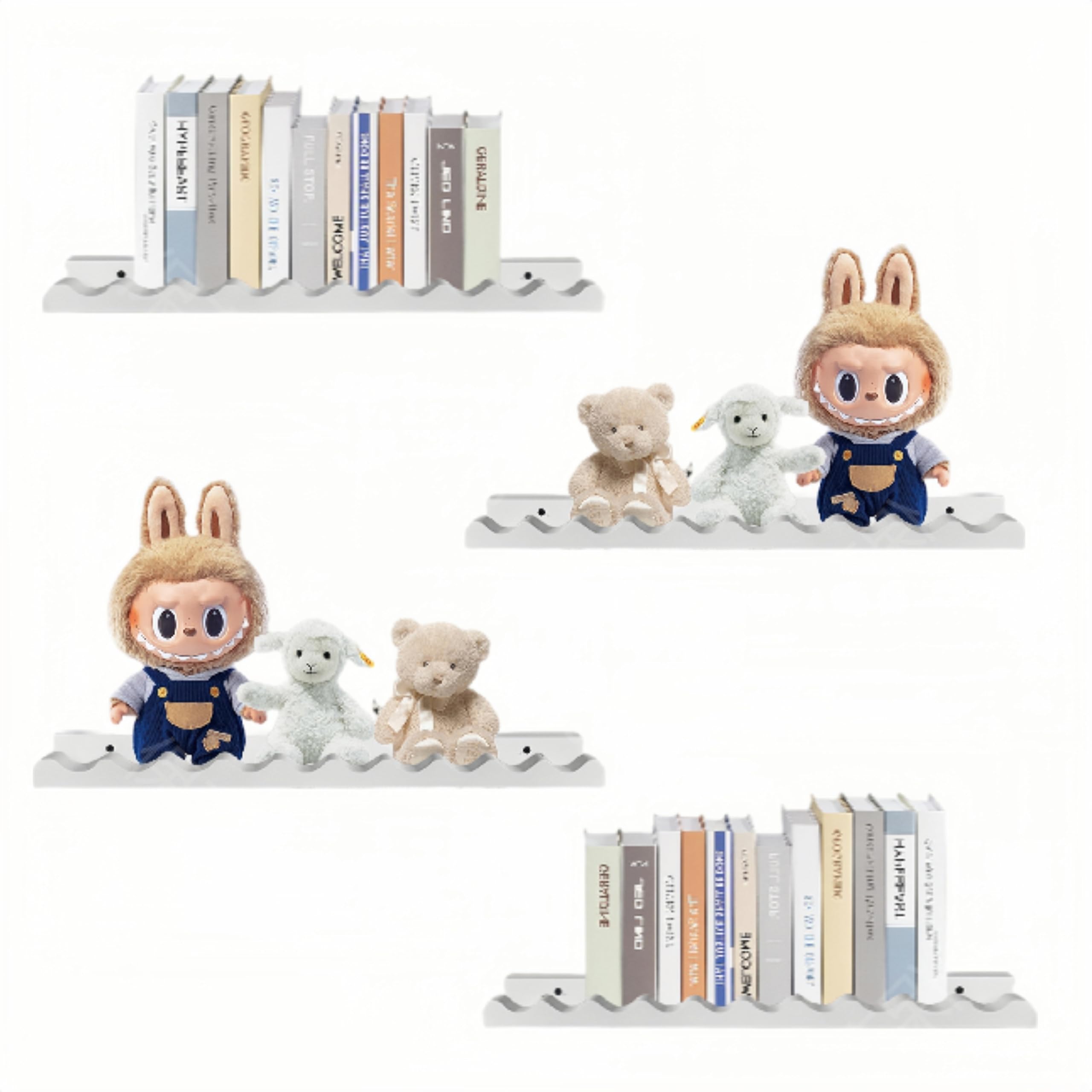 Floating Shelves for Wall, 4 Pack White Floating Shelves Nursery Book Shelves with Wavy Lip Wall Mounted Bookshelf Hanging Racks for Bedroom Living Room Bathroom, 23 Inch