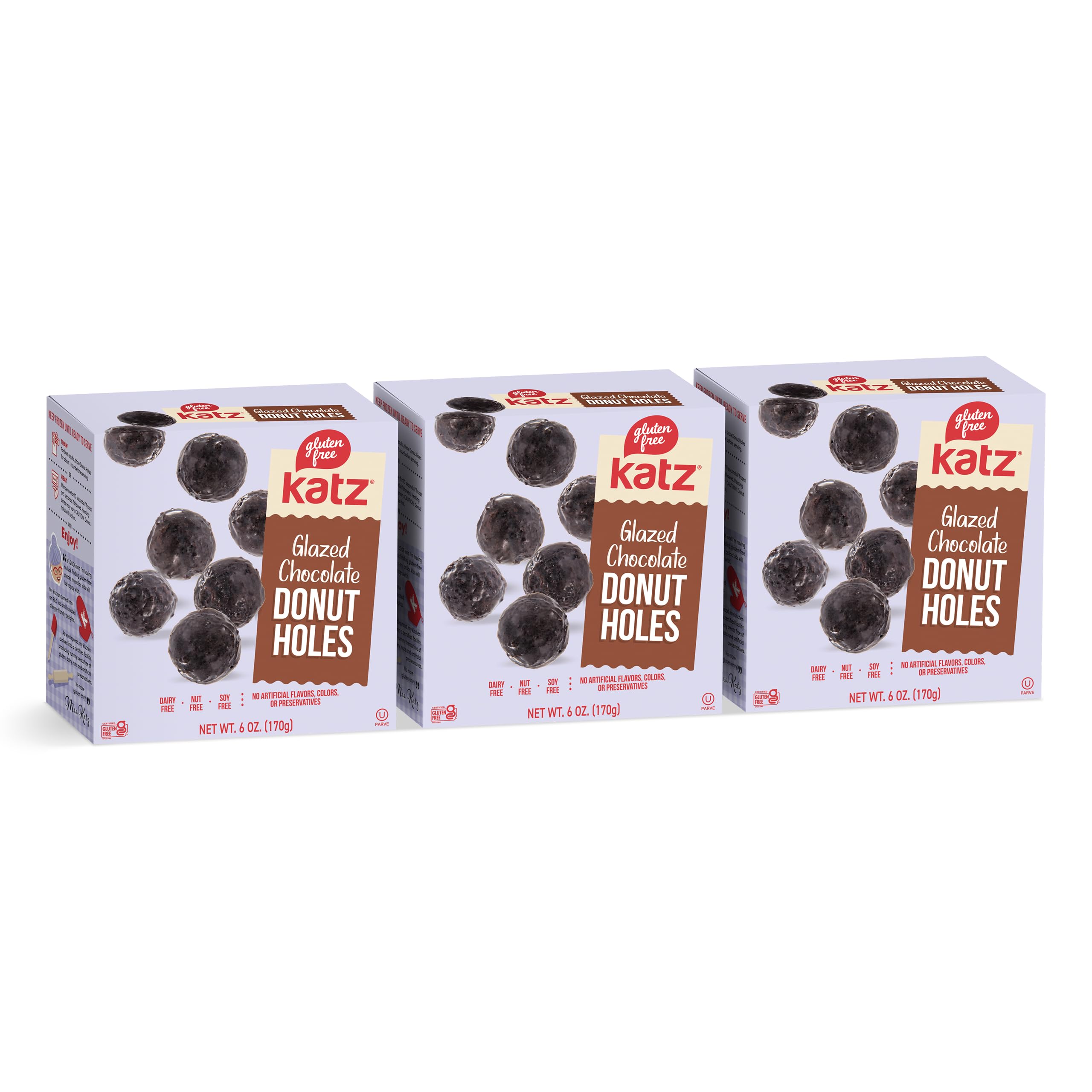 Katz Gluten Free Glazed Chocolate Donut Holes | Dairy Free, Nut Free, Soy Free, Gluten Free | Kosher (3 Packs, 6 Ounce Each)