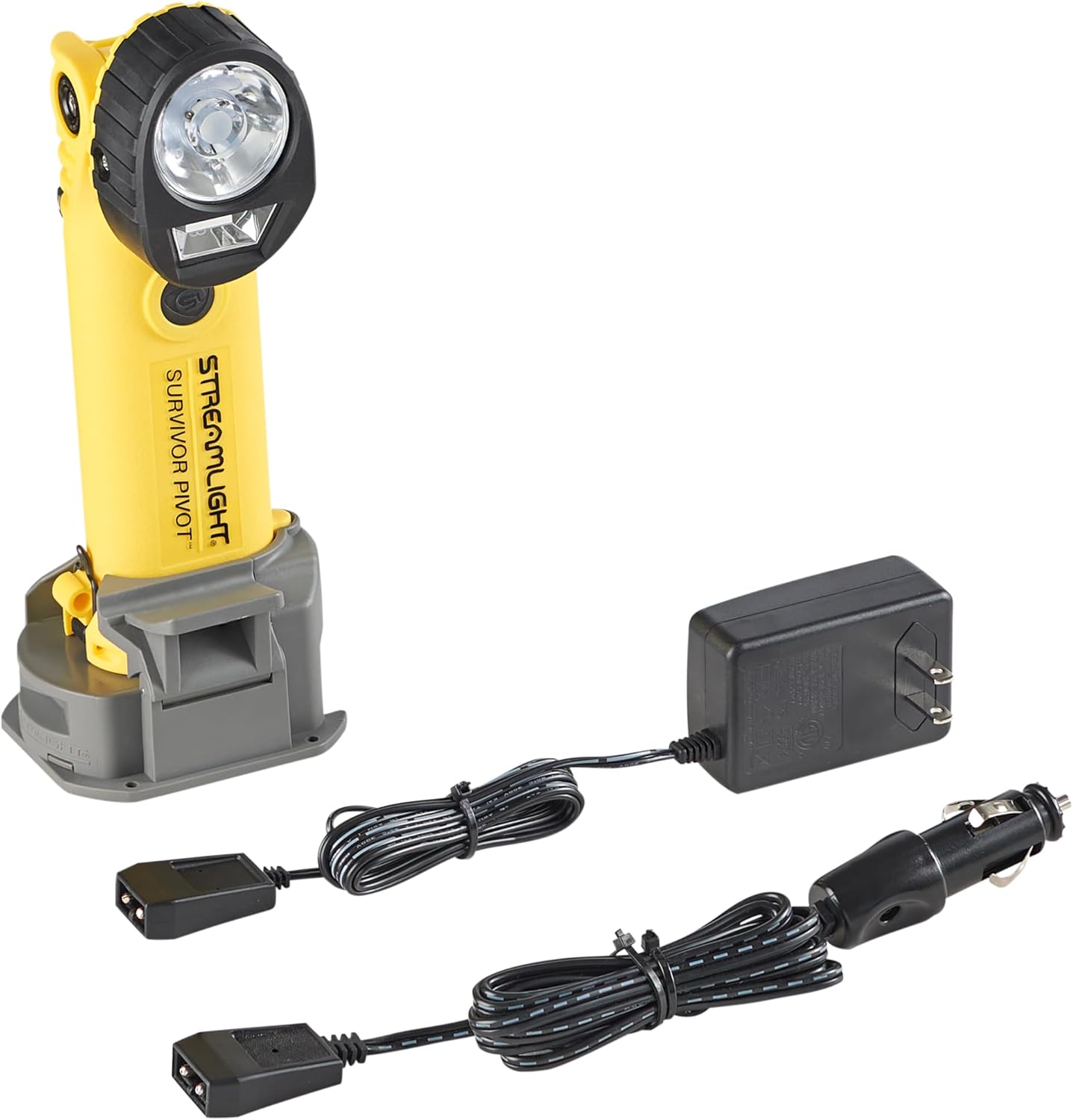 Streamlight 91831 Survivor Pivot 325-Lumen Right Angle Articulating Dual Beam Rechargeable Flashlight with 120V/100V AC/12V DC, Magnet and Clip, Yellow