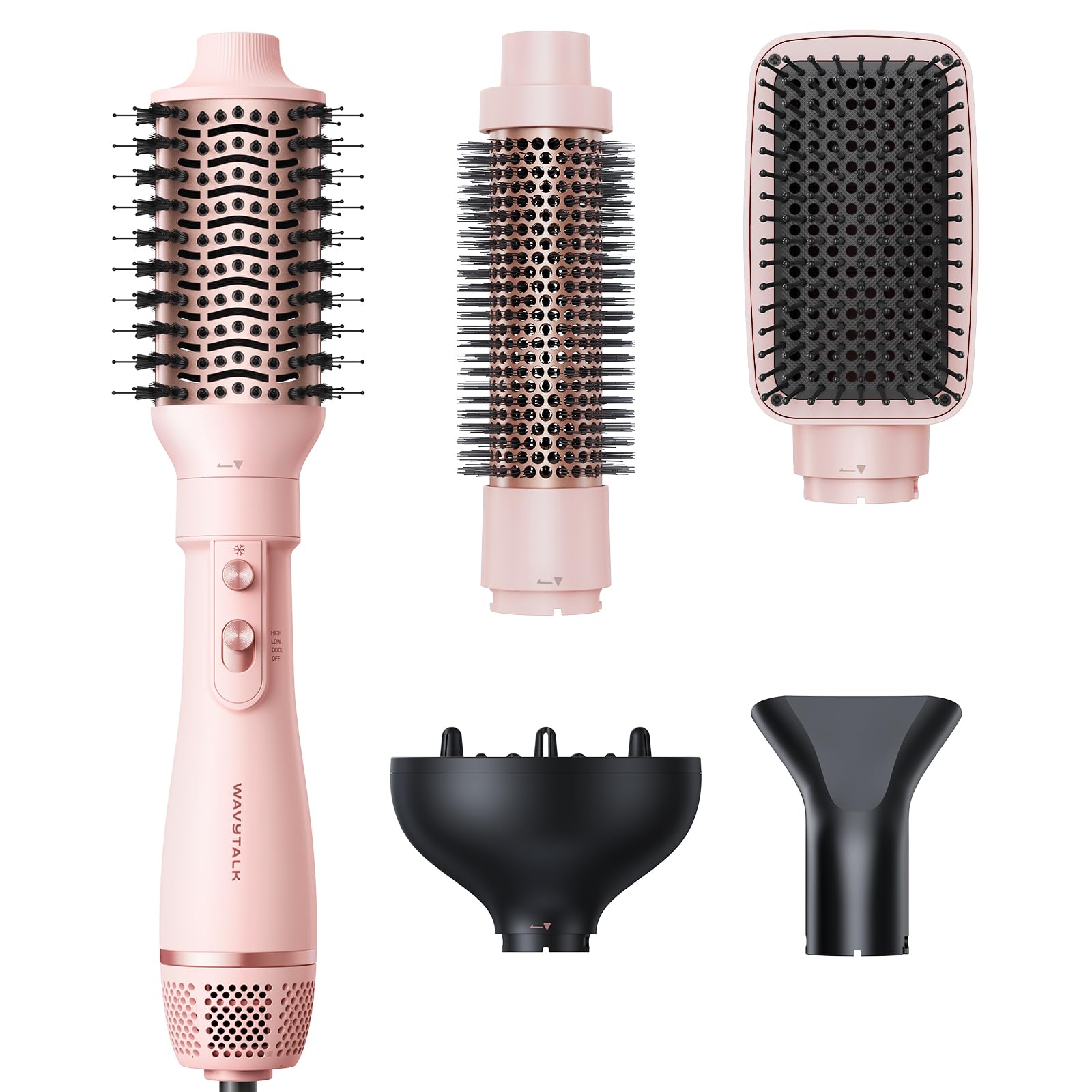 Blow Dryer Brush Set, Wavytalk Air Sculpt 5-in-1 Hot Air Brush Set, Multi Hair Styler for Salon Blowouts, Smooth Curls, Volumizing and Straightening, Sleek and Less Frizz, Pink