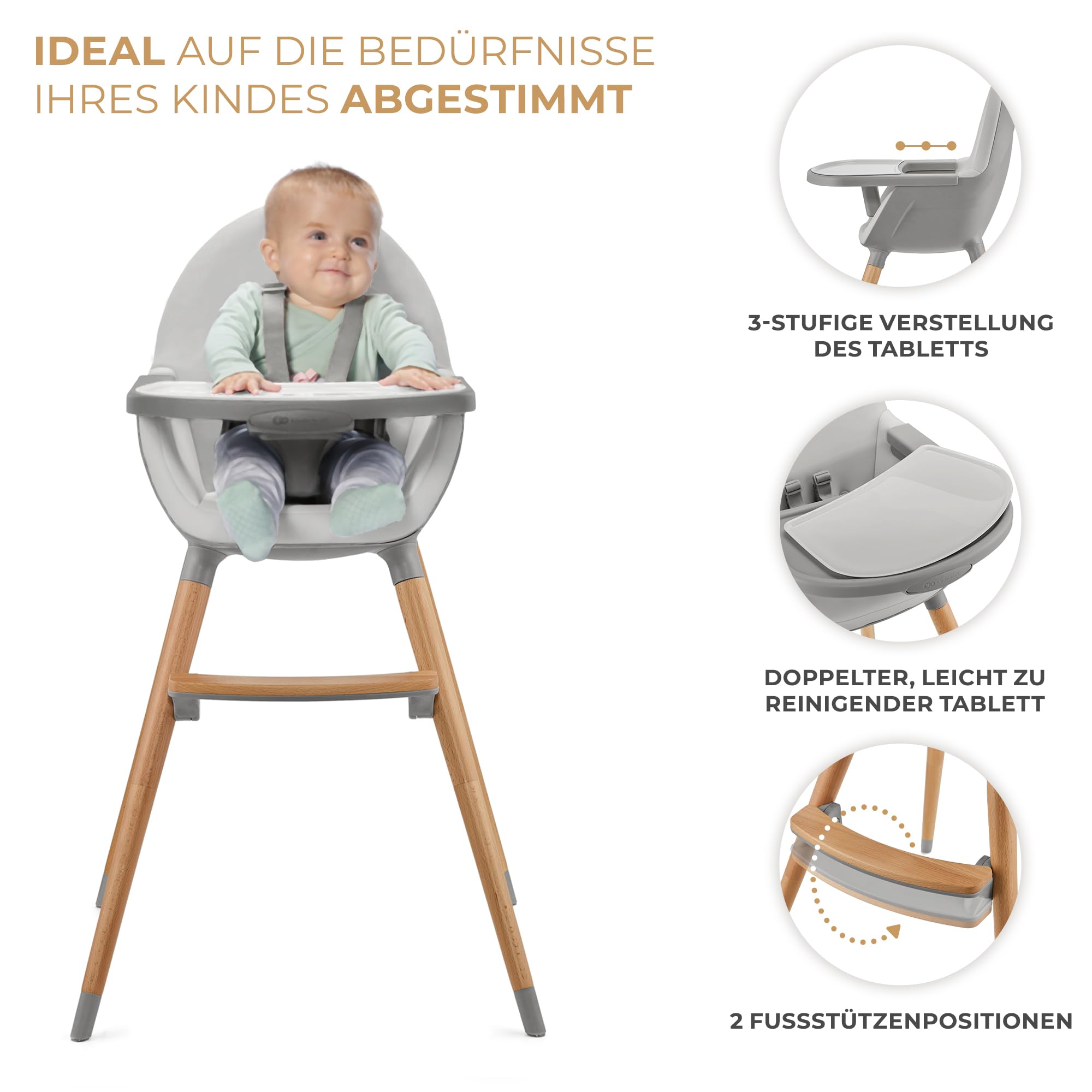 Kinderkraft Hochstuhl FINI2 2 in 1, Kinderhochstuhl, Babystuhl, Kombihochstuhl, Beine aus Holz, Sicherheitsgurte, Fußstütze, Doppeltablett, ab 6 Monate bis 5 Jahre, 5 Punkt Gurte, Grau